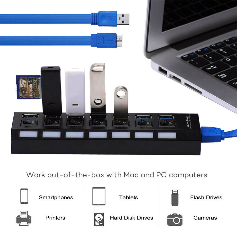 7 Port USB 3.0 Hub High Speed Splitter Box Power Adaptor Charger ON/OFF Switch
