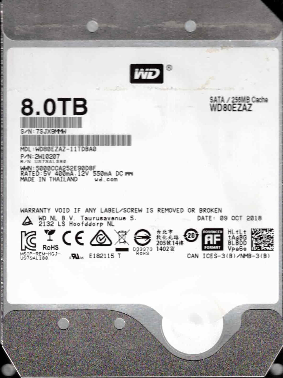 WD80EZAZ-11TDBA0, PN: 2W10207 WESTERN DIGITAL SATA 8TB OCT 2018 7SJX