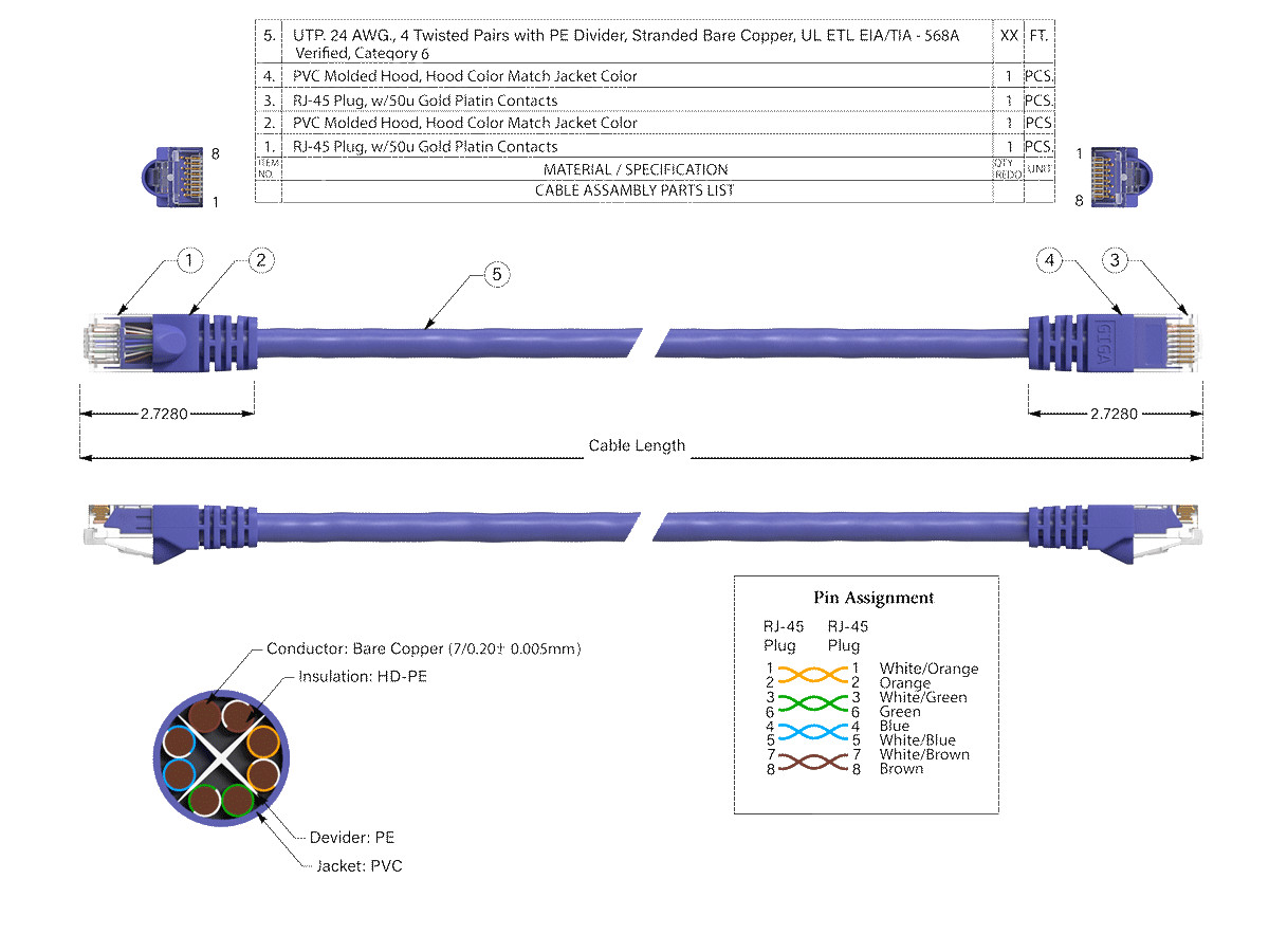 30ft Cat6 UTP Ethernet Network Patch Cable Snagless 24AWG Bare Copper, Purple