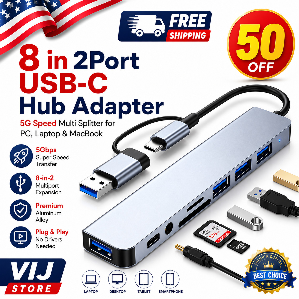 8 in 2Port USB-C Hub Adapter – 5G Speed Multi Splitter for PC, Laptop & MacBook