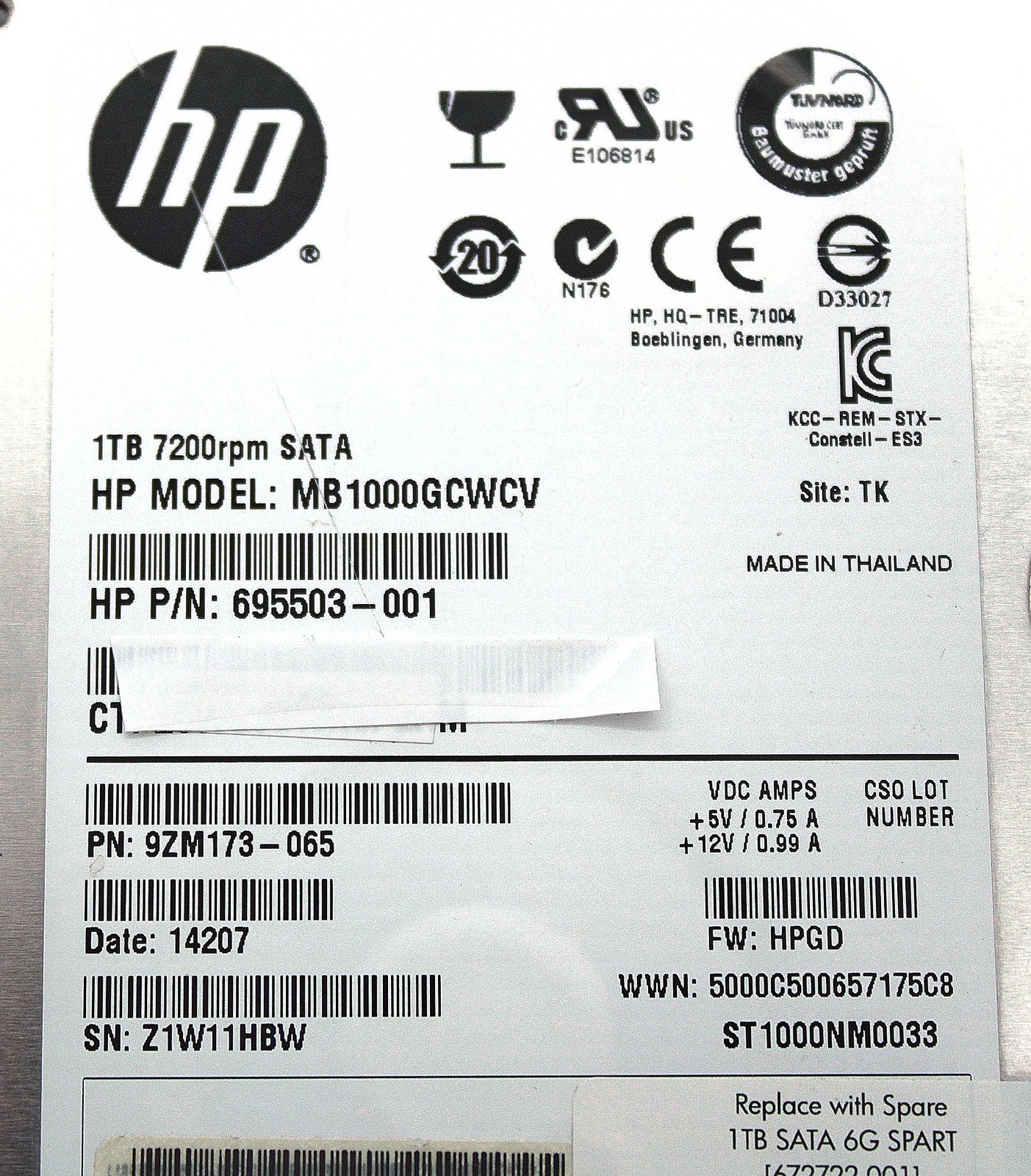 HP 695503-001 1TB 6G SATA 7.2K 3.5IN SC MDL HDD