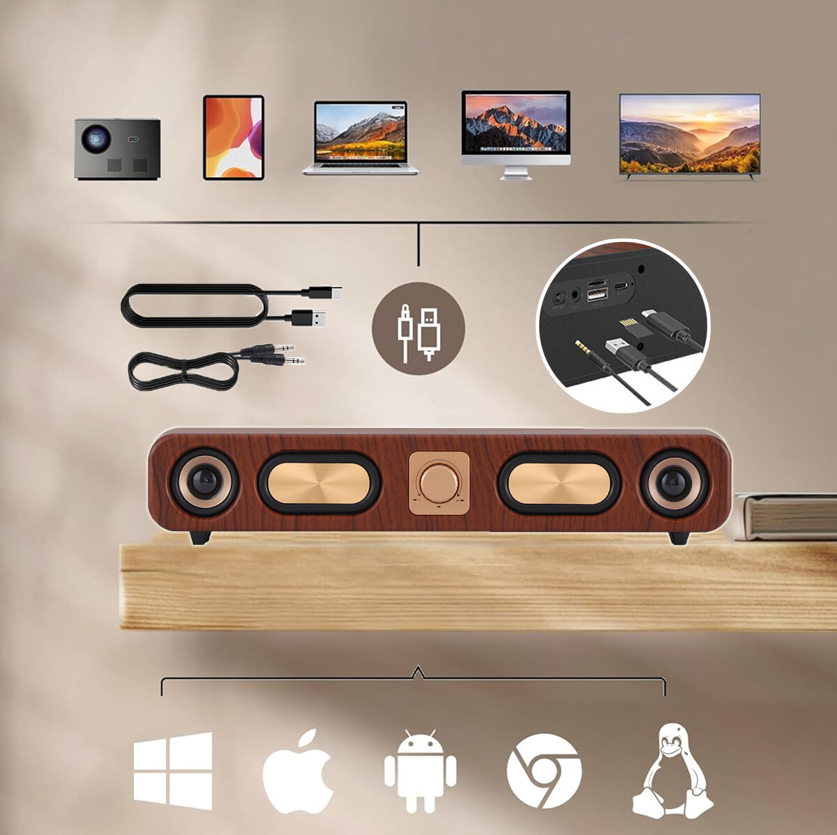 Vintage Wooden Bluetooth Speaker with 4D Surround Stereo Sound and FM Radio