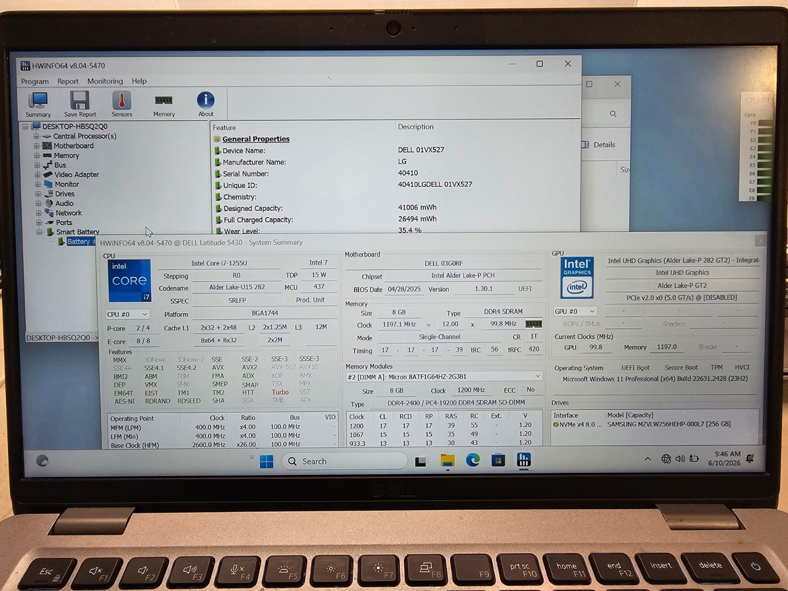 Dell Latitude 5430 i7-1255u 8GB RAM 256GB SSD Win 11 NO AC #04