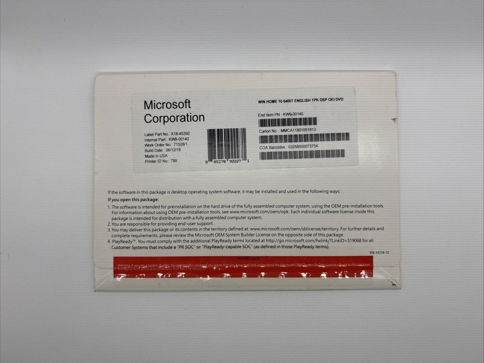 Microsoft Windows 10 Home 64-Bit OEM System Builder DVD