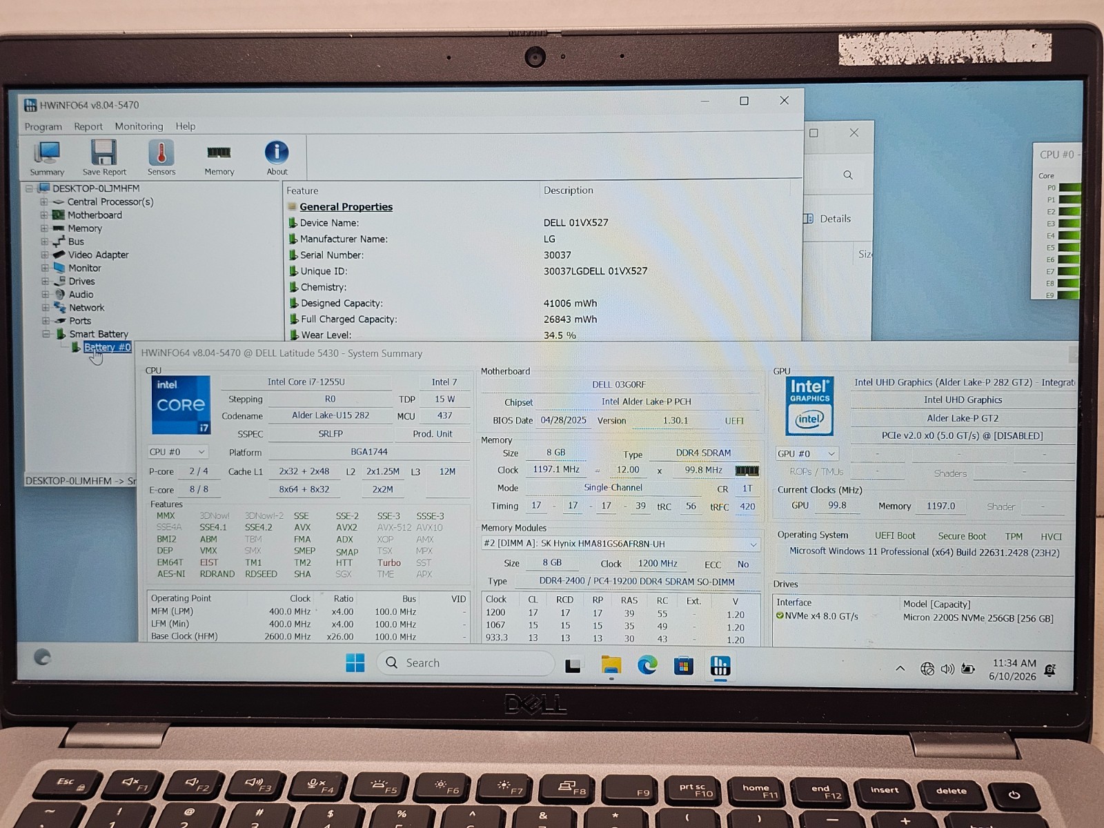 Dell Latitude 5430 i7-1255u 8GB RAM 256GB SSD Win 11 NO AC #04