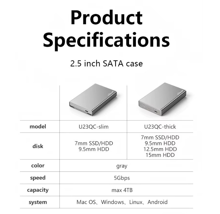 9.5MM SATA HDD SSD Slim Case Type C External 2.5 Aluminum Enclosure Up 4TB Max