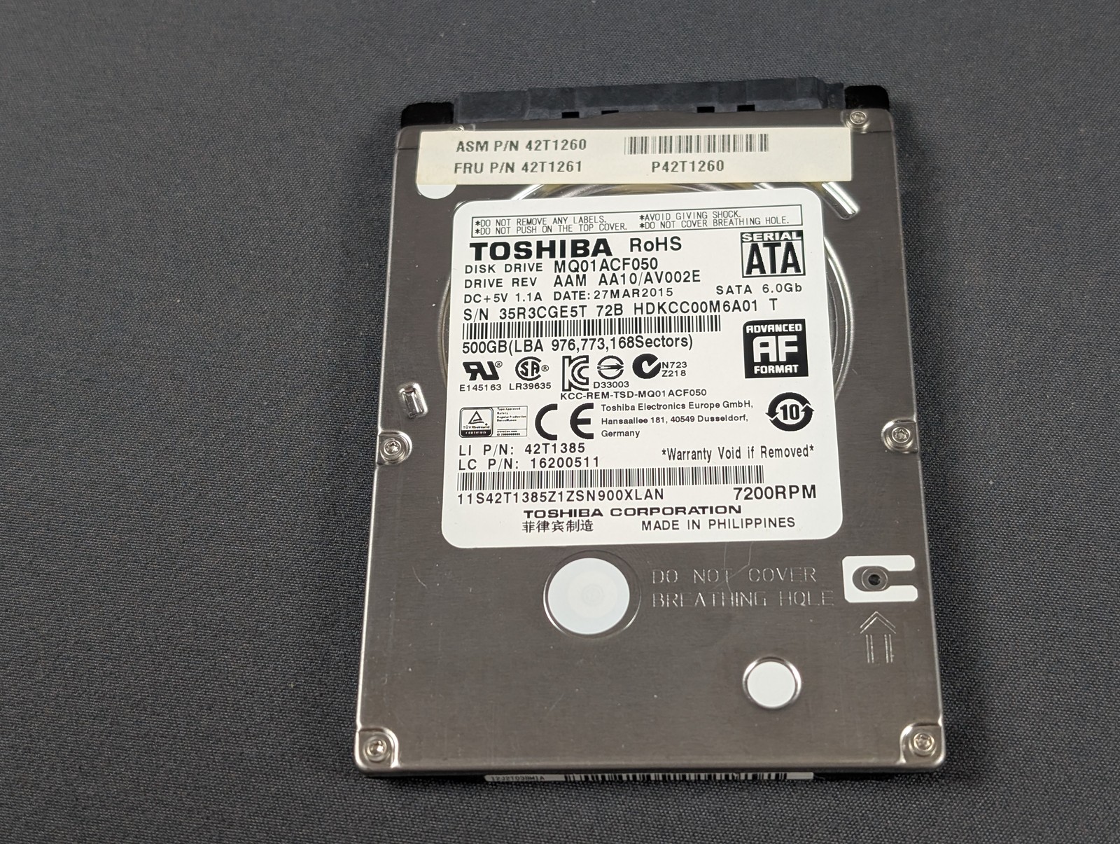 Toshiba MQ01ACF050 500GB 2.5 7200RPM SATA Laptop Hard Drive Tested Wiped
