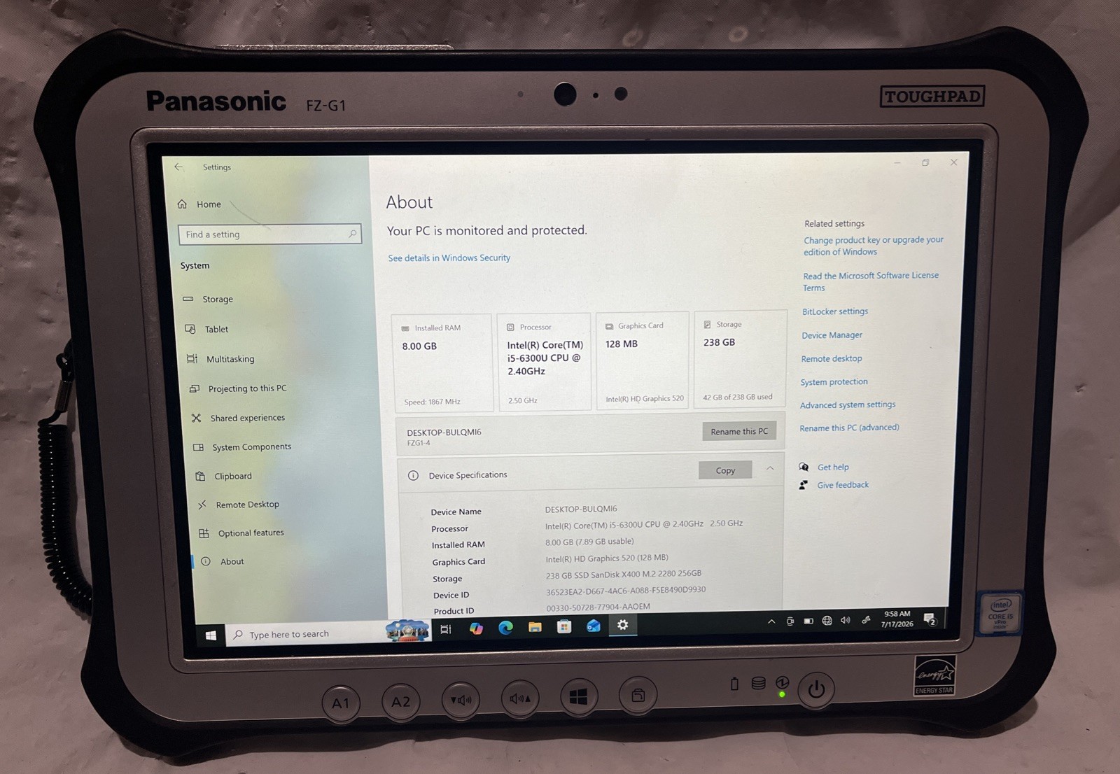 PANASONIC TOUGHPAD FZ-G1 i5-6300U@2.4GHz, 8GB RAM, 256 GB M2, Win 10 Pro