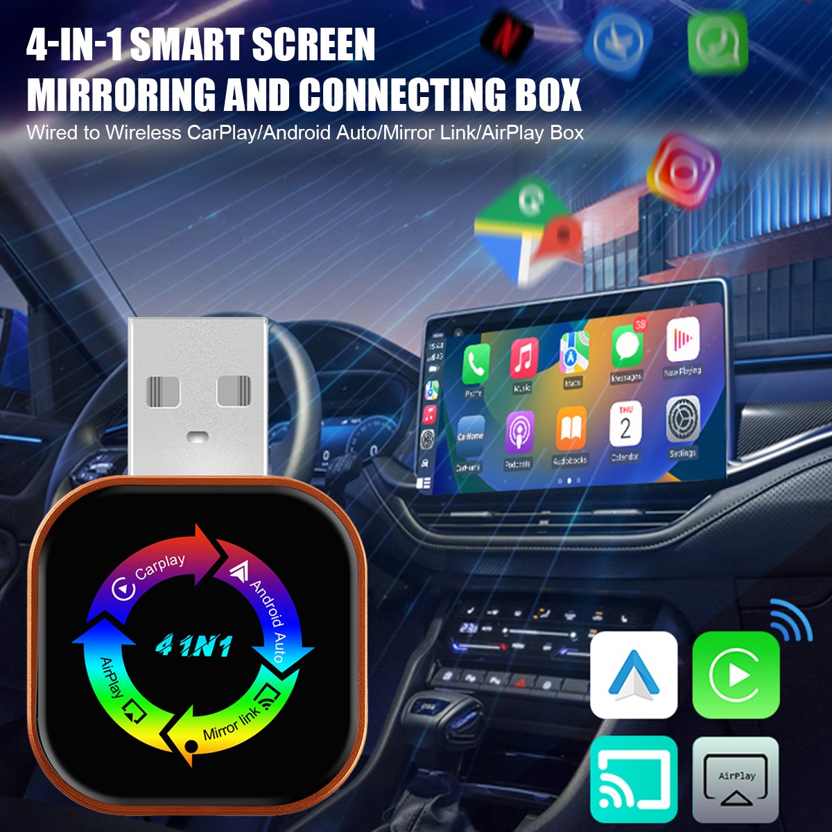 2026 Newest 4 IN 1 CarPlay Adapter Wireless CarPlay Auto Mirror Link Plug & Play