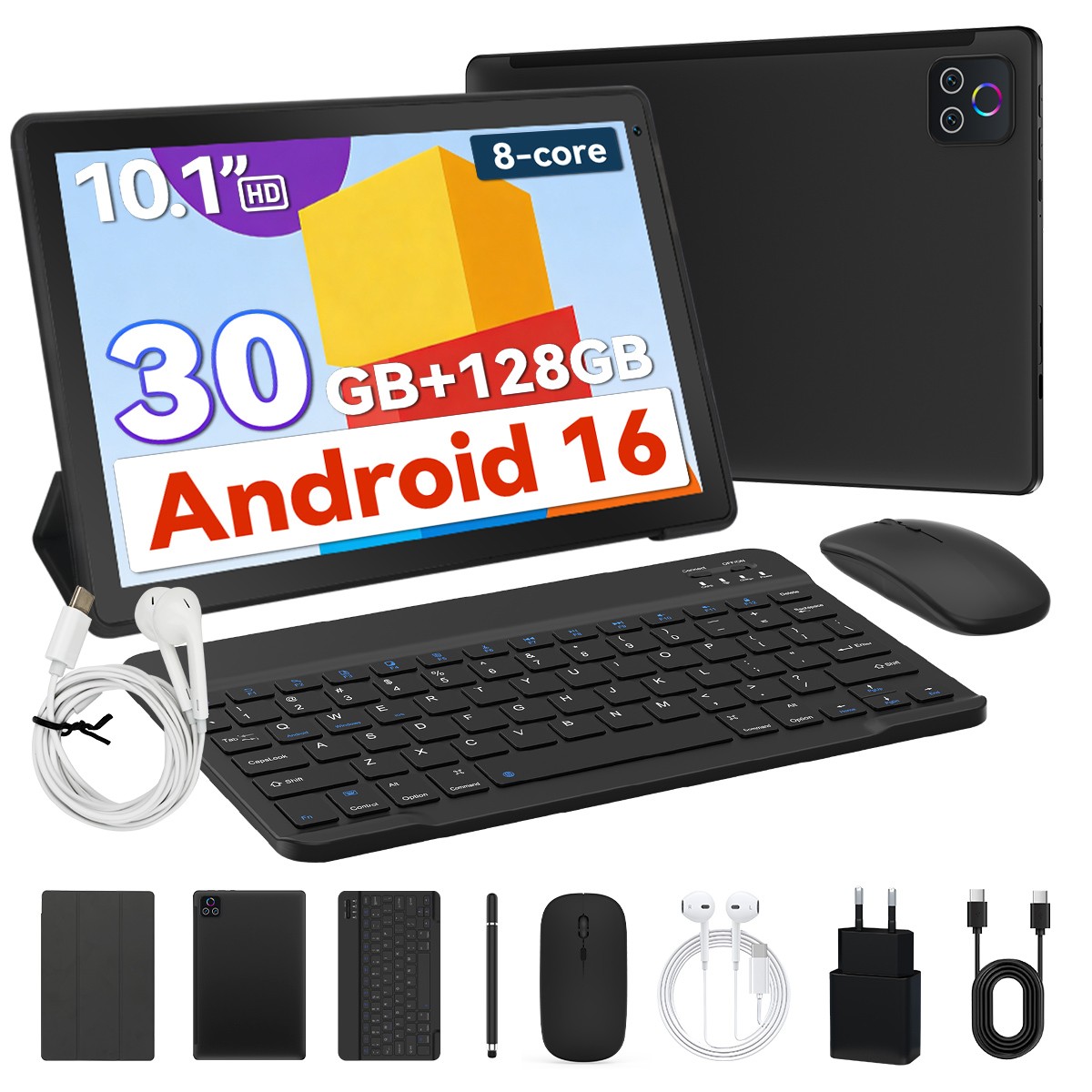 Wi-Fi 5G AI Tablet Android 16, 30GB+128GB Storage, 10.1″ IPS Display, Octa-Core