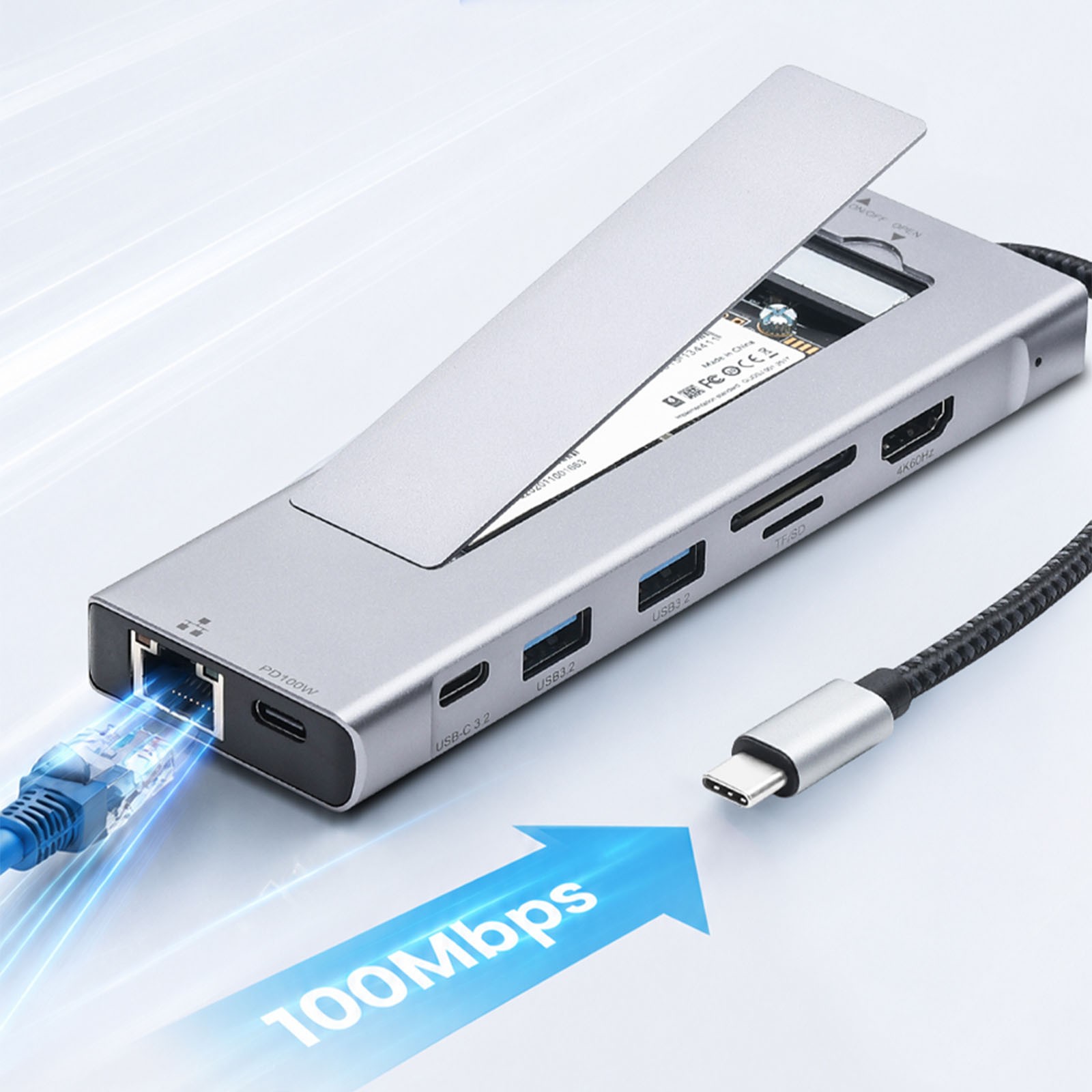 USB C Hub with M.2 NVMe SSD Enclosure 4K/60Hz PD Type-C USB 3.2 Ethernet SD/TF