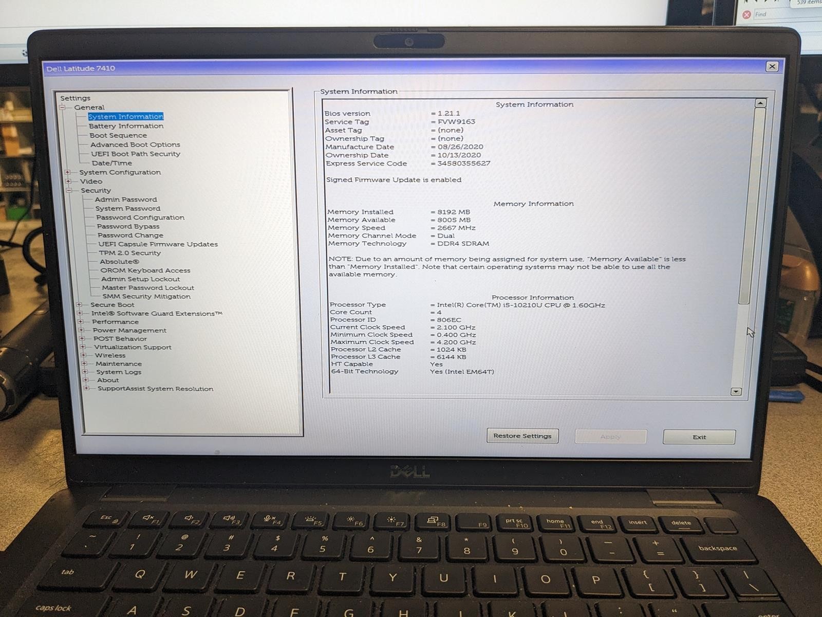 DELL LATITUDE 7410 i5-10210U @ 1.60GHz, 8GB RAM, NO HDD/OS