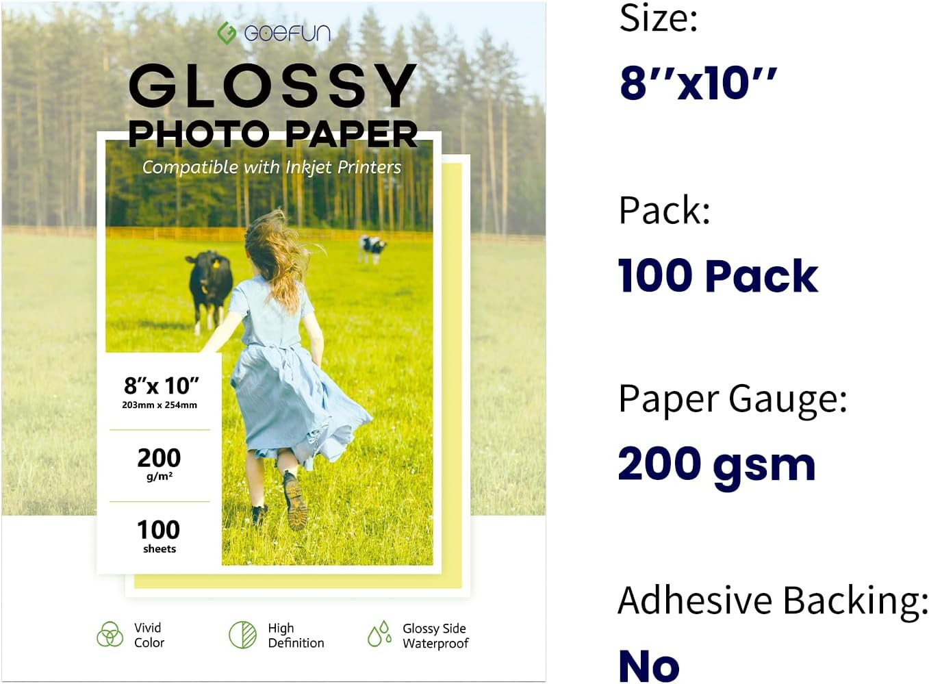 100 Sheets Glossy Photo Paper 8X10, Goefun 200GSM/54LB Inkjet Printer Paper for