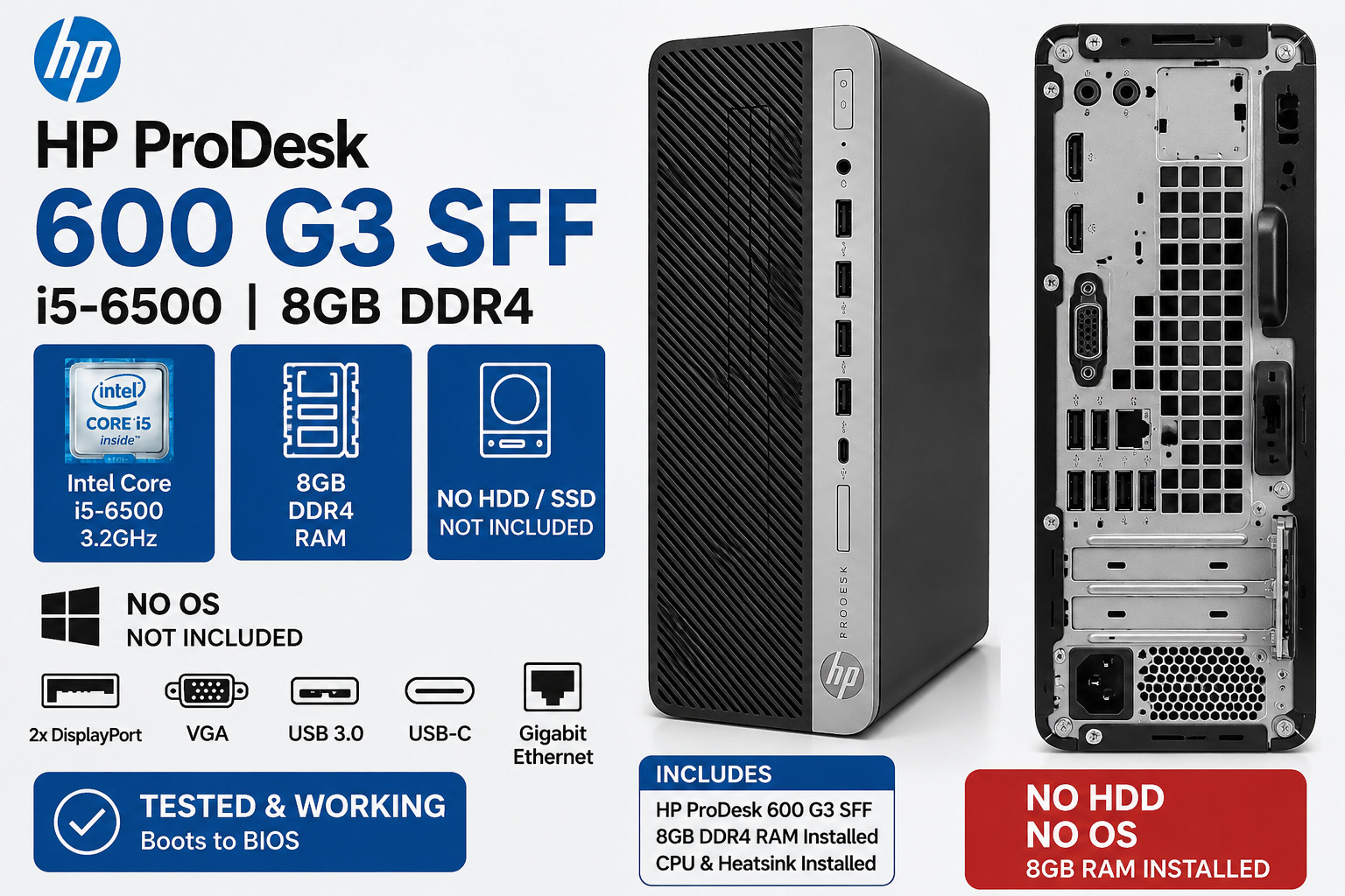 HP ProDesk 600 G3 SFF i5-6500 3.2GHz 8GB DDR4 No HDD No OS Desktop PC
