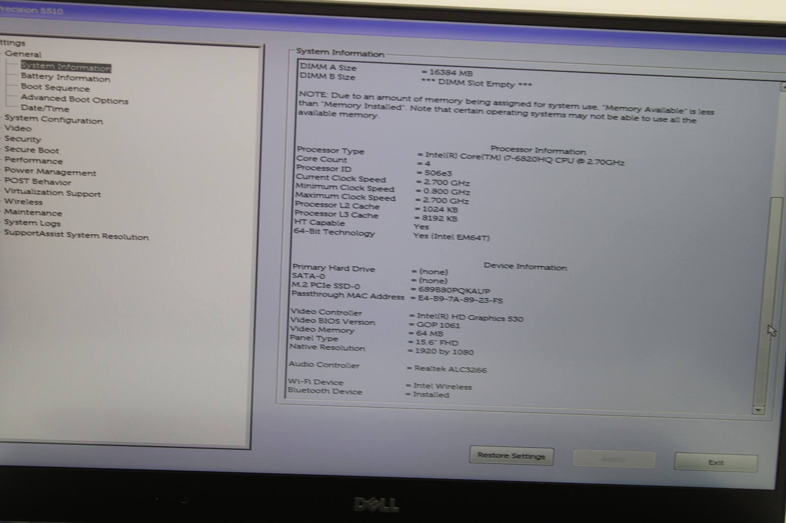 Dell Precision 5510 i7-6820HQ @ 2.7 GHz 16GB RAM 256GB SSD M1000M No OS