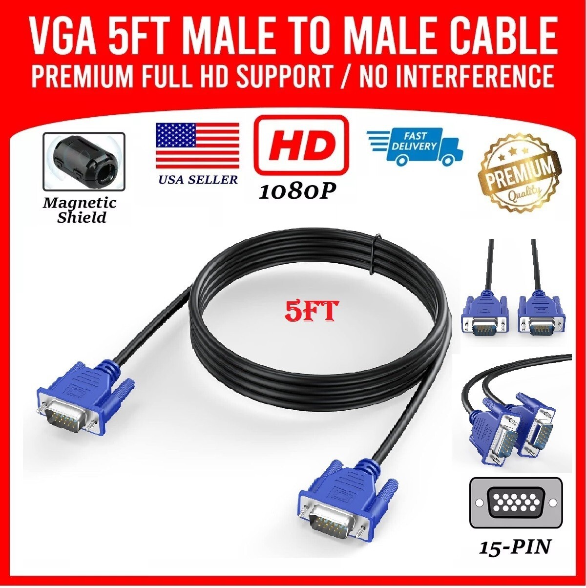 US Seller! Fast Shipping!! 5FT VGA SVGA Cable Adapter Male to Male LCD PC TV