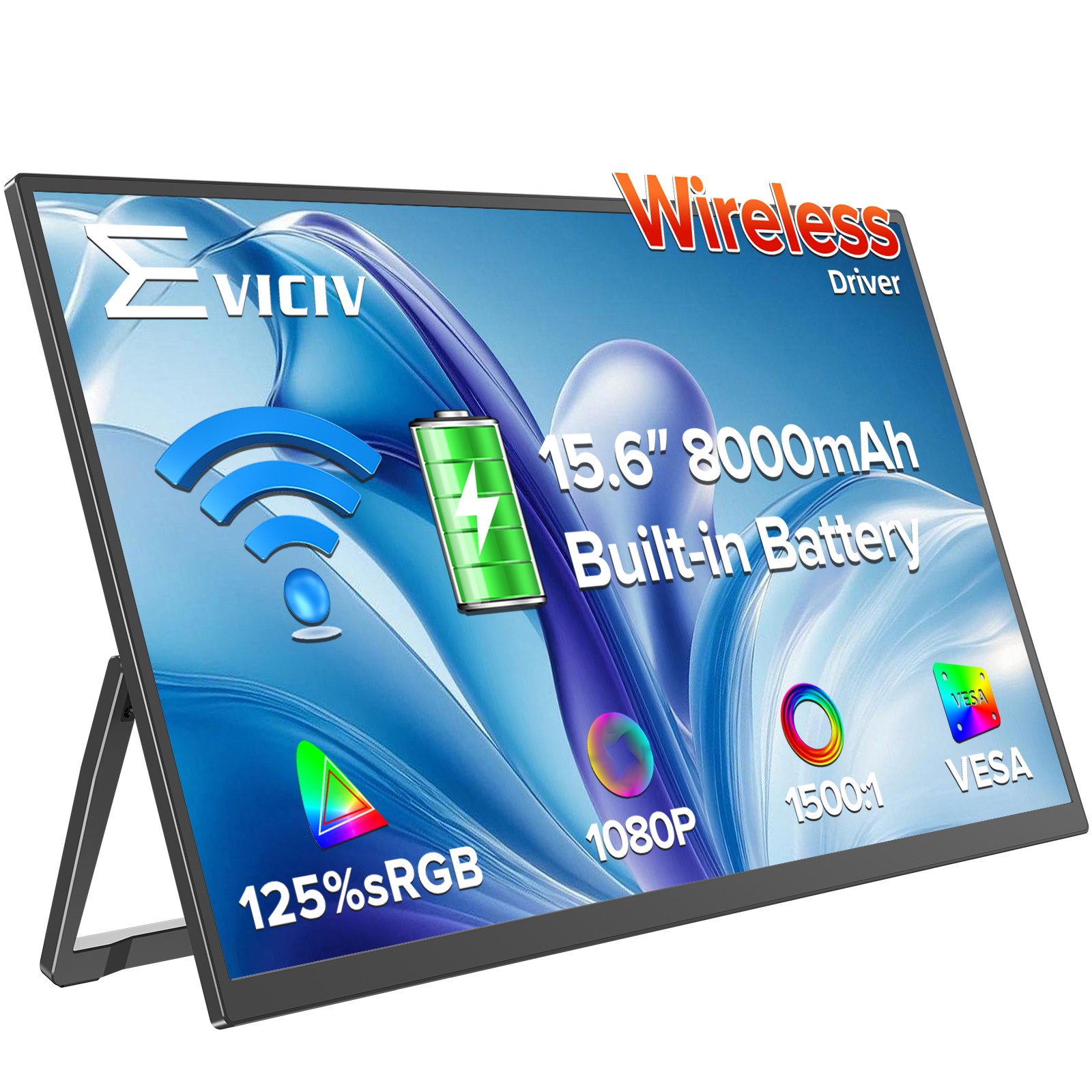 15.6″ Wireless Portable Monitor 1080P Second Display Battery Screen Freestanding