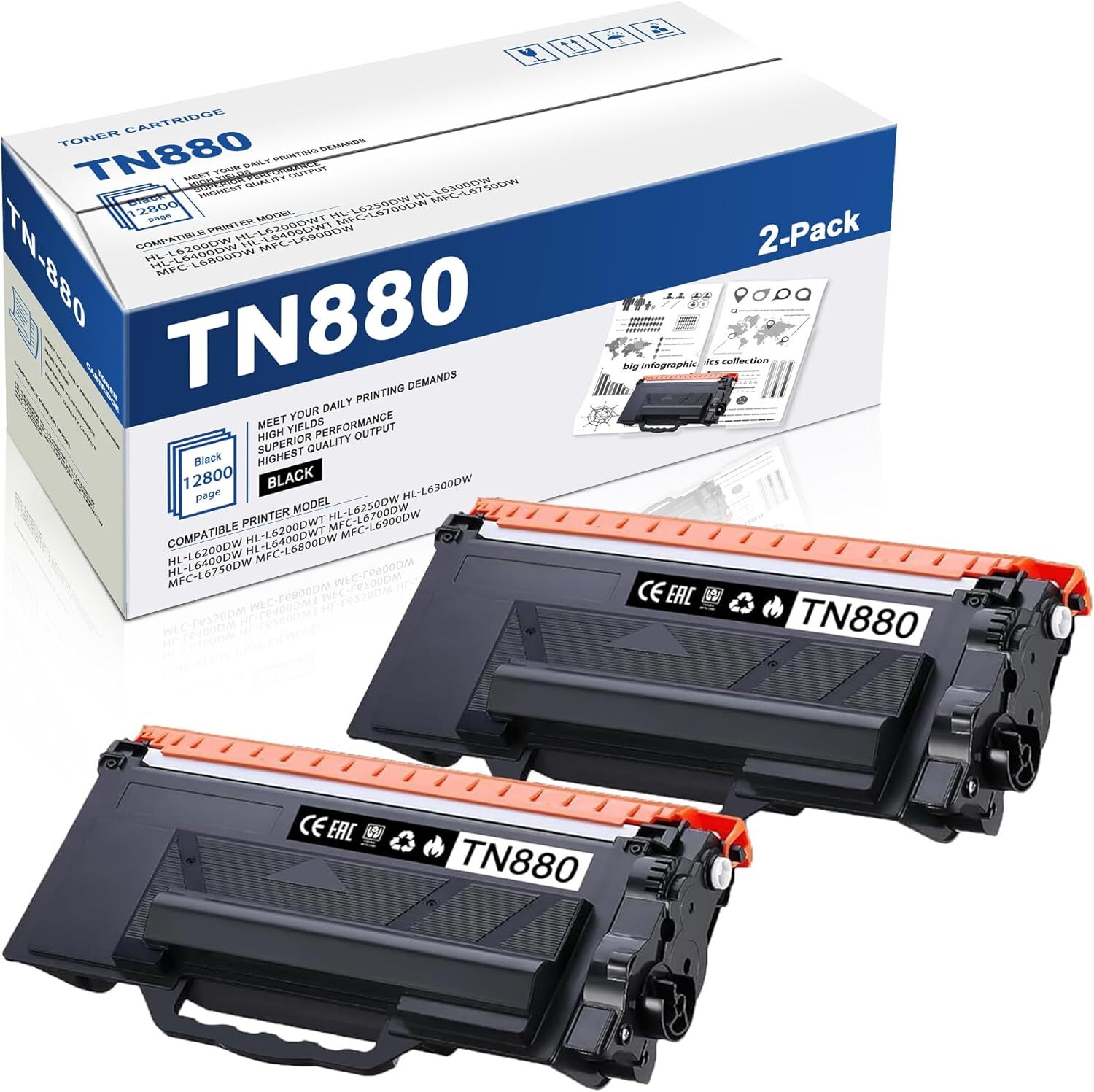 2PK TN850 TN880 Toner Cartridge for Brother DCP-L5600DN HL-L5200DWT MFC-L5800DW