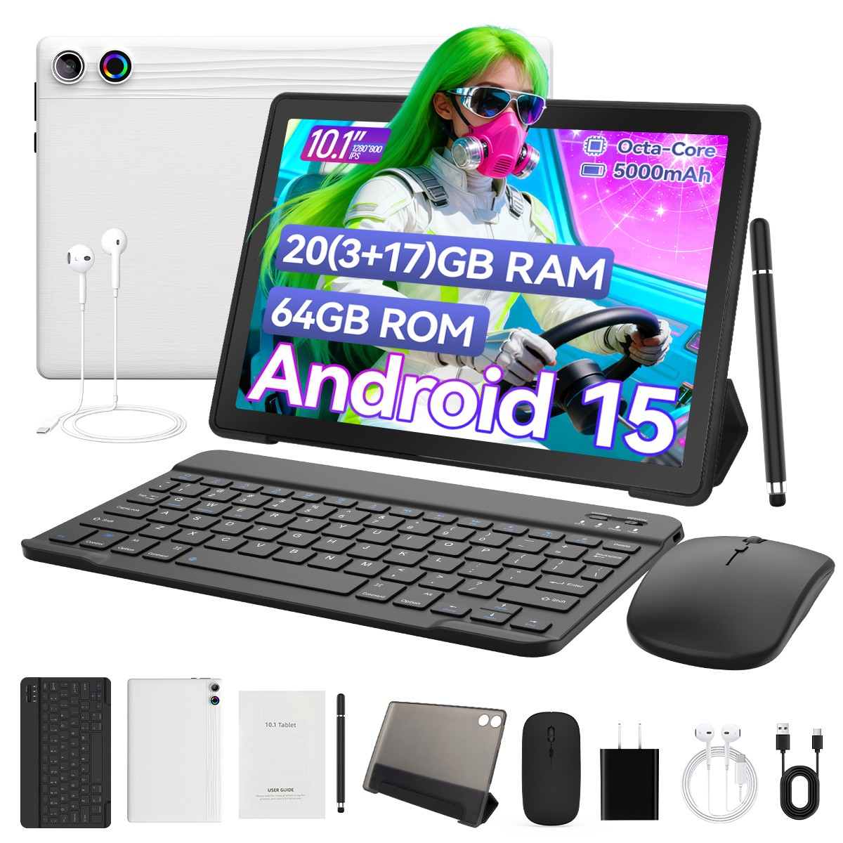 2026 Tablet 10.1 inch Android 15 Octa-Core 20GB+64GB with Keyboard+Mouse+Stylus