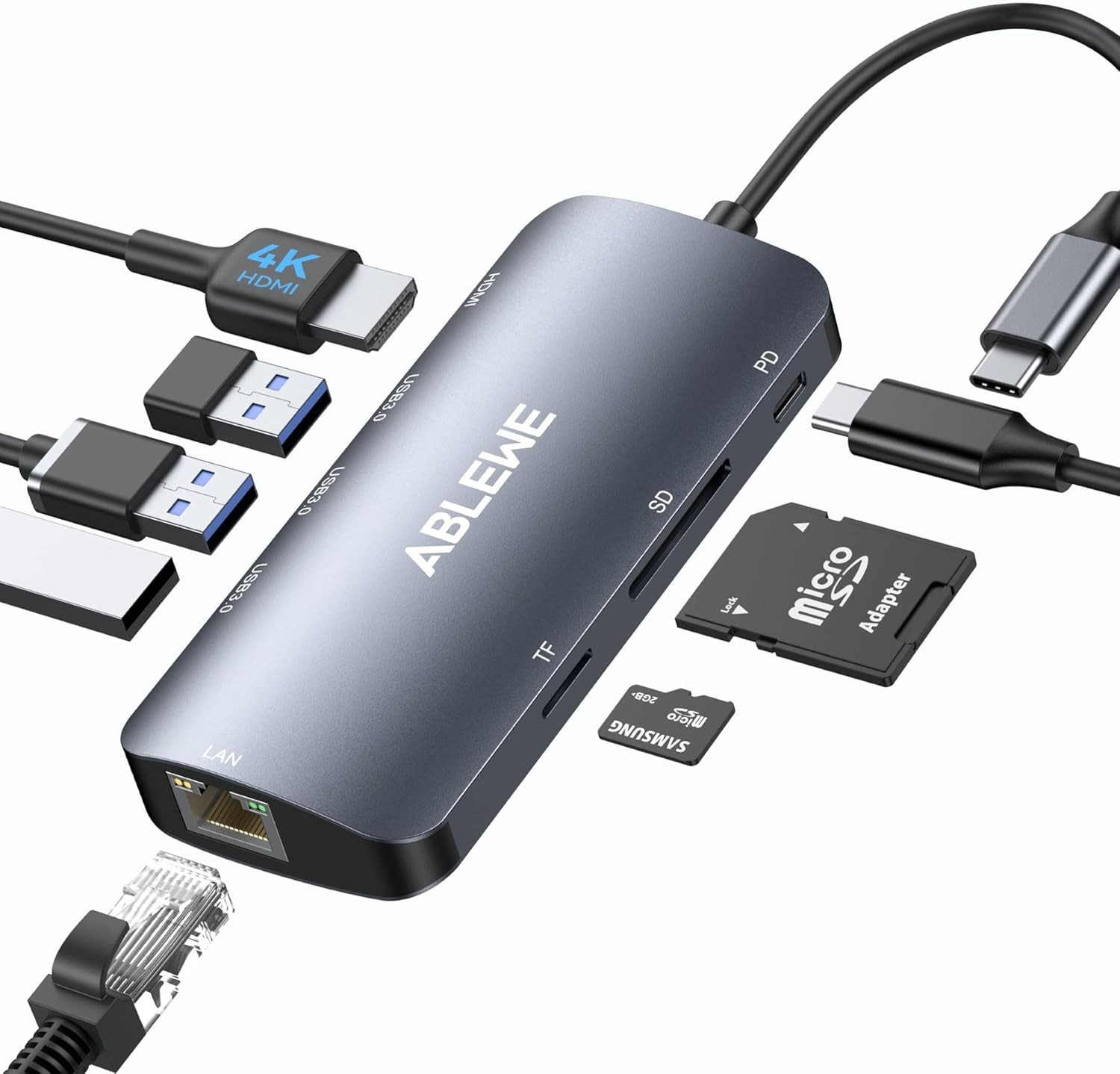 USB C Hub Ethernet, 8 in 1 Multiport USB C to HDMI Adapter 4K@60Hz,1000Mbps, 100