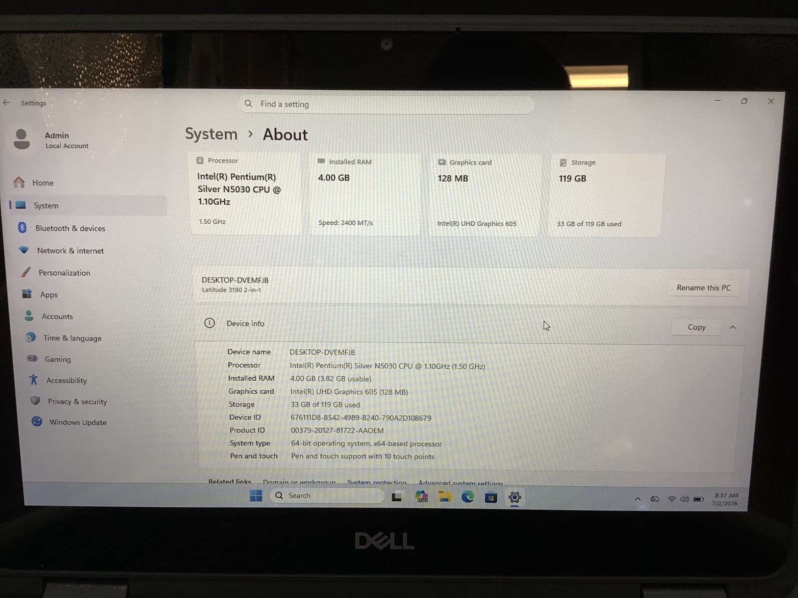 Dell Latitude 3190 2-in-1 Pentium Silver N5030 1.10GHz 4GB RAM 128GB SSD C Grade