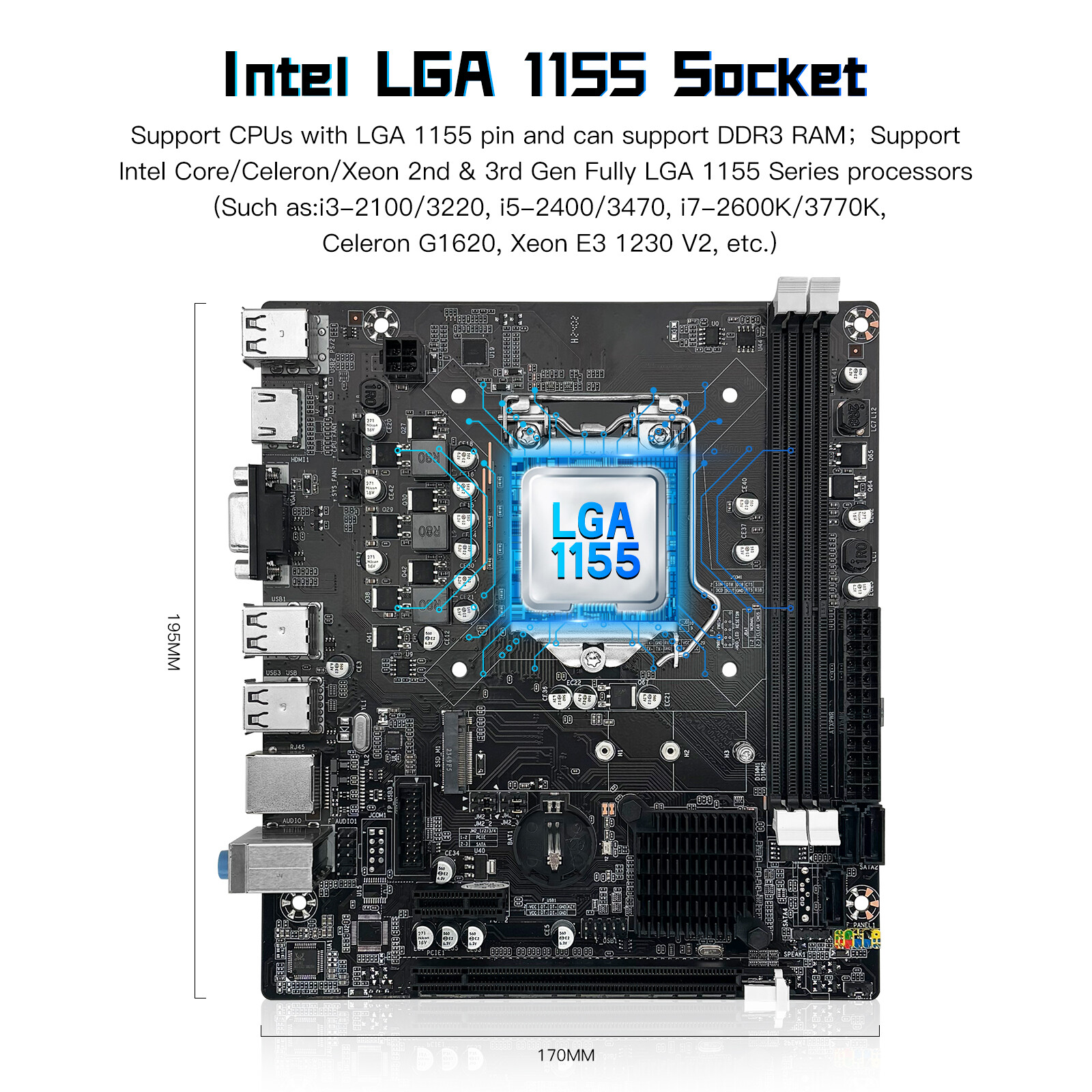 JUXIESHI H61C ITX Motherboard LGA 1155 DDR3, M.2 for Intel 2nd/3rd Gen CPUs