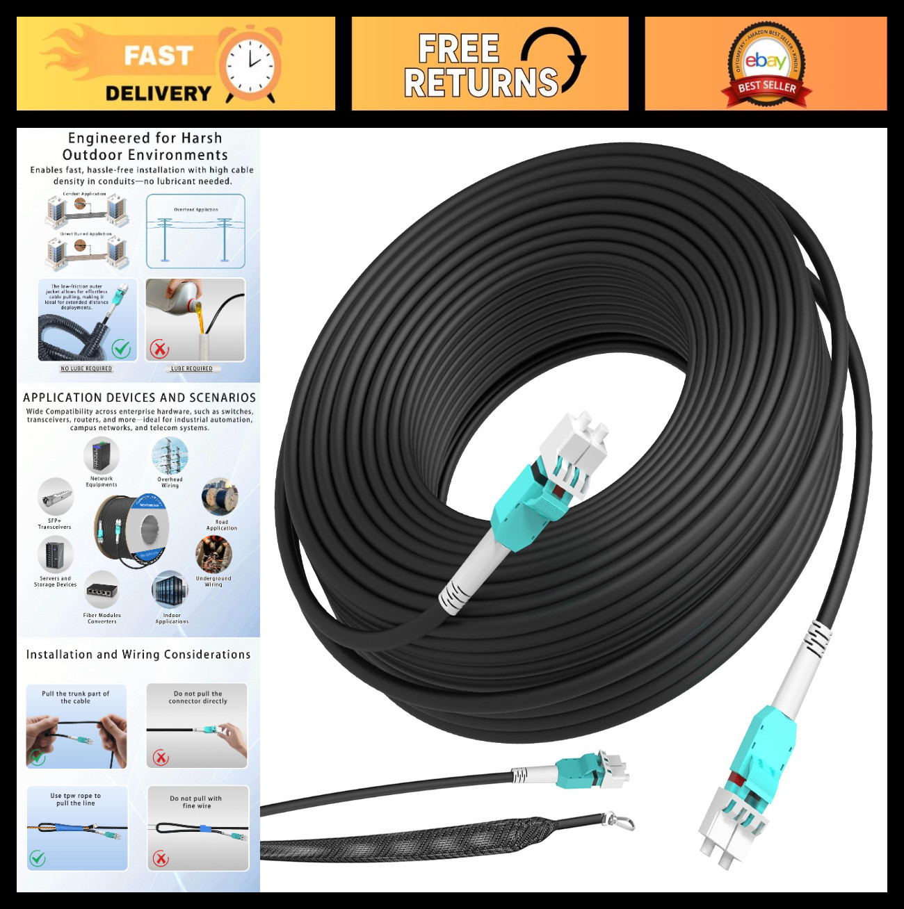 30M Outdoor Armored Fiber Optic Patch Cable, Multimode LC to LC, 10Gb/40Gb/100Gb