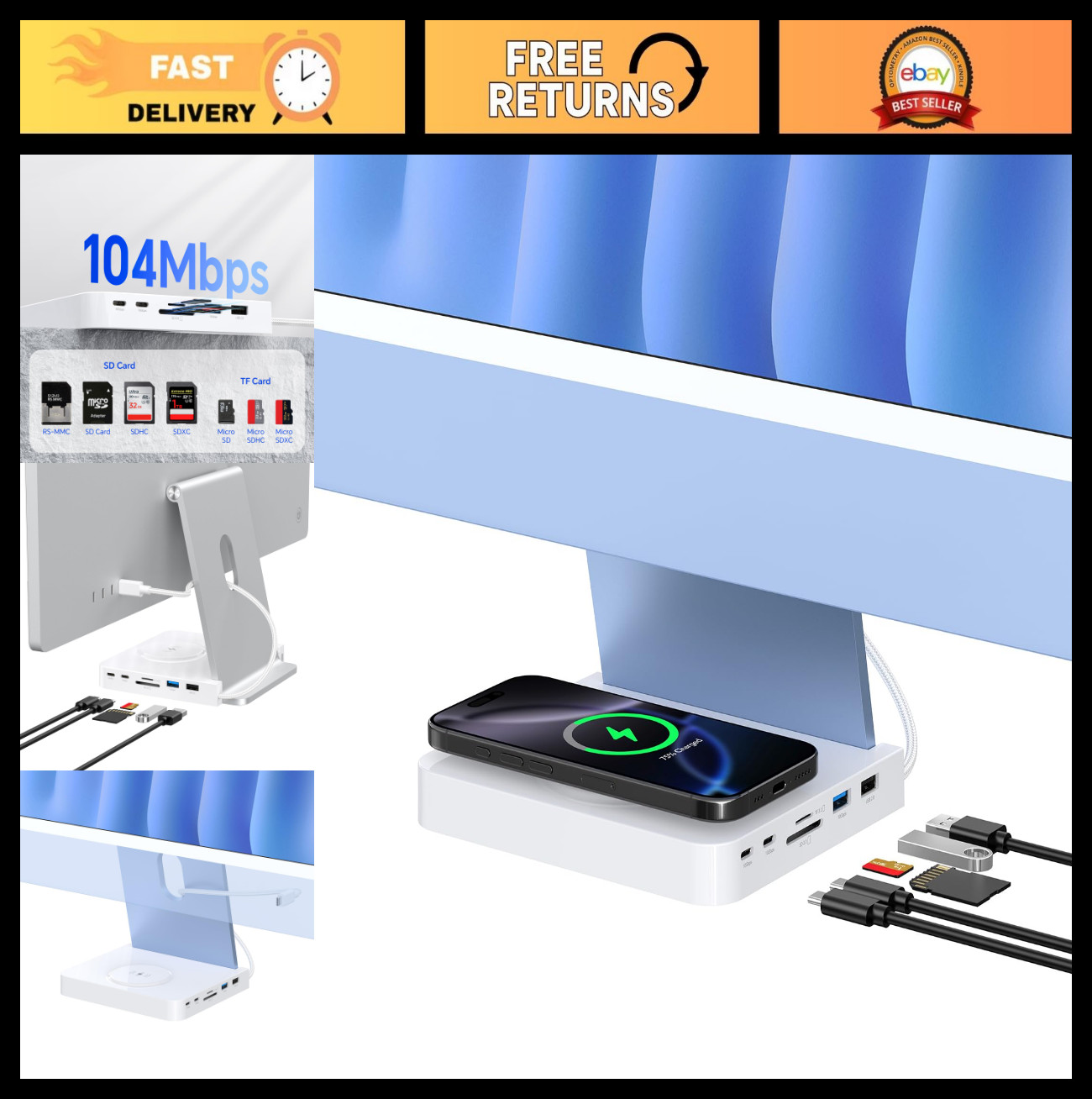 10Gbps USB C Hub for iMac 24″ 2021-2024, Dual USB-C, USB-A, SD/TF Reader, 15W Wi