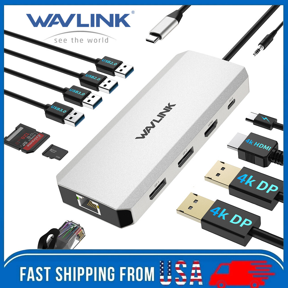 WAVLINK 100W USB C Hub Triple Monitor Laptop Docking Station 4K HDMI Dual 4K DP