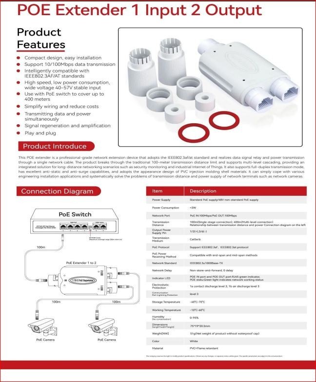 2 Port Waterproof POE Repeater IP66 10/100Mbps 1 To 2 PoE Extender Support
