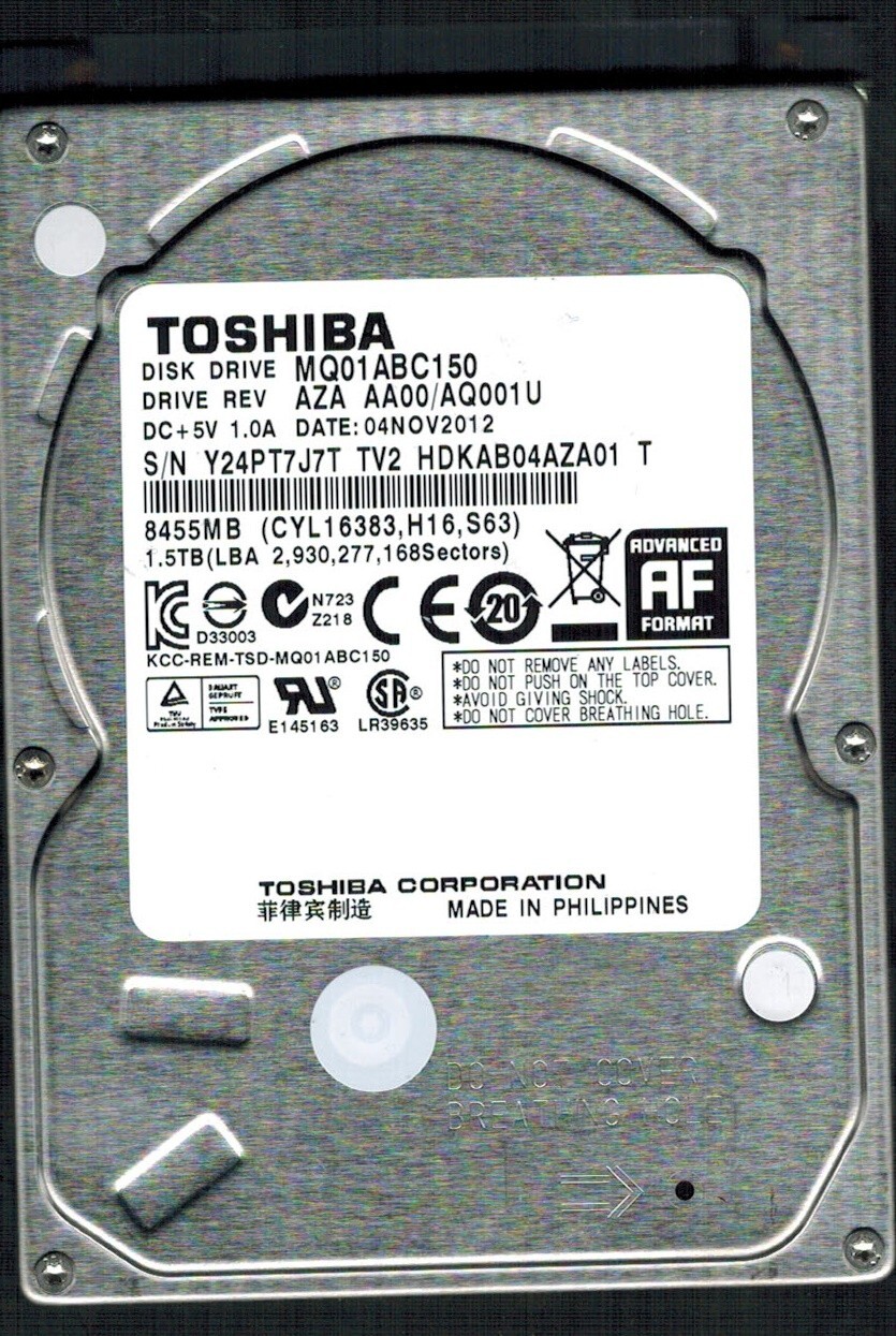 MQ01ABC150 HDKAB04AZA01 T AZA AA00/AQ001U 1.5TB NOV 2012 PHILIPPINES TOSHIBA