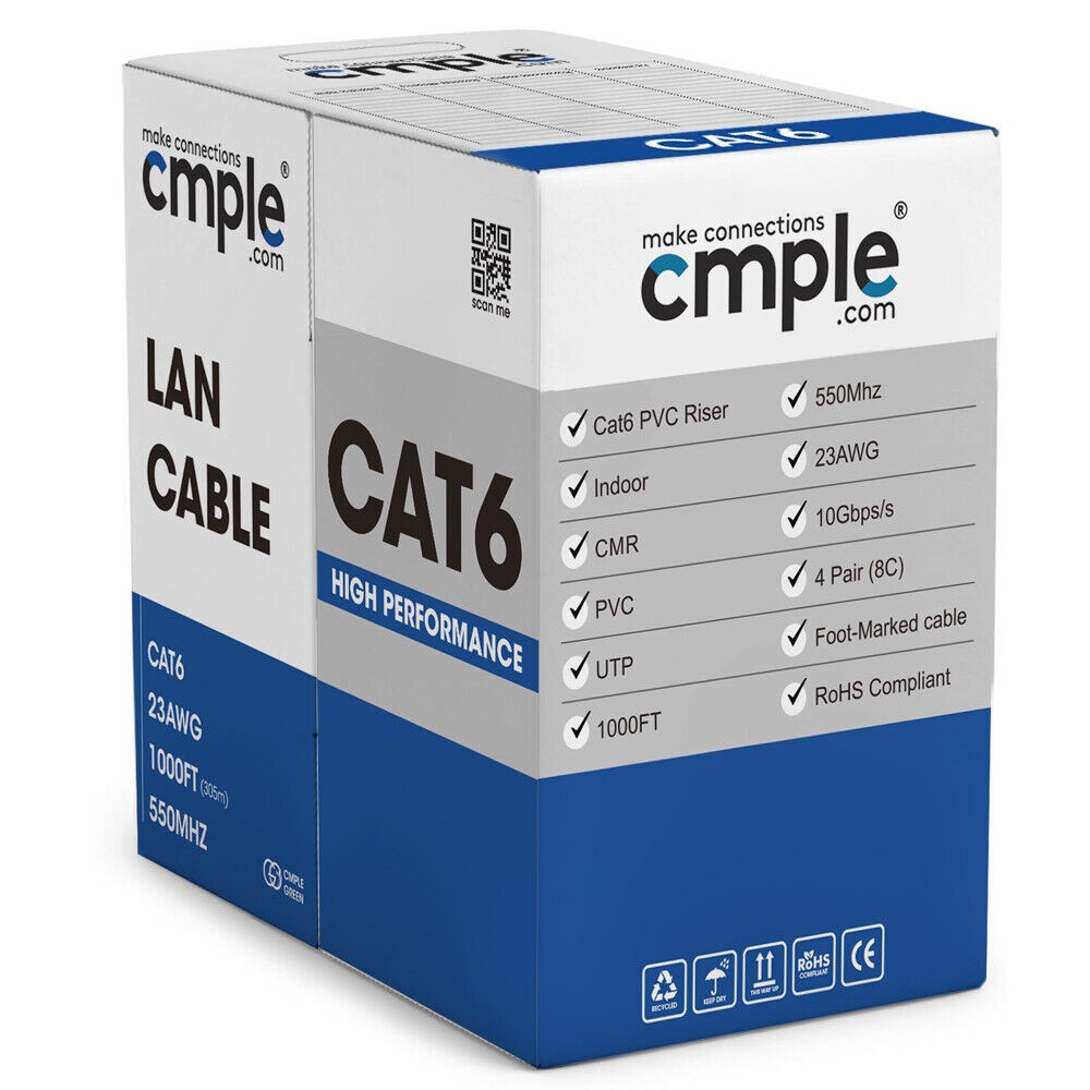 Cat6 Ethernet Cable 1000ft Riser CMR Solid 23AWG UTP 550MHz Pull Box Black