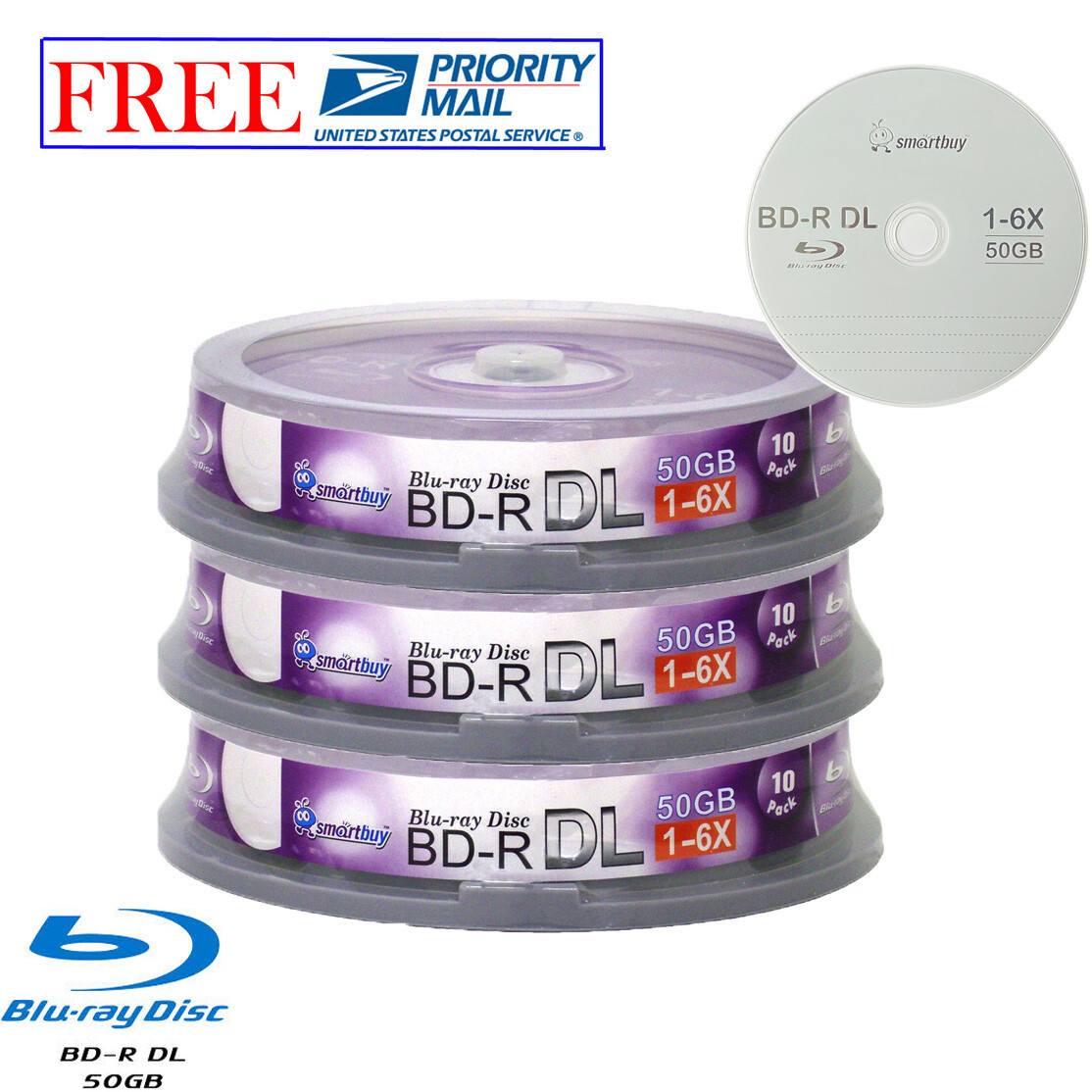 30 Pack Smartbuy Logo Top Blu-ray BD-R BDR DL Dual Layer 6X 50GB Recordable Disc