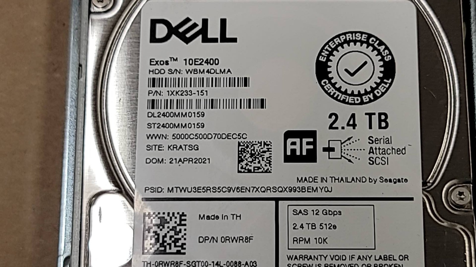 Dell 0RWR8F ST2400MM0159 2.4TB 10K RPM 12Gb/s 512e 2.5″ SAS Drive W/Tray DXD9H