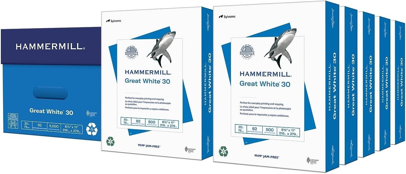 Great White 30% Recycled Printer Paper – 8.5×11, 10 Ream, 5000 Sheets, Jam-Free