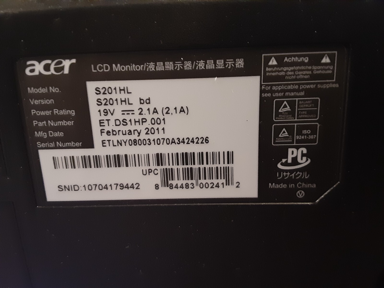 Acer S201HL Bbd LED LCD Monitor