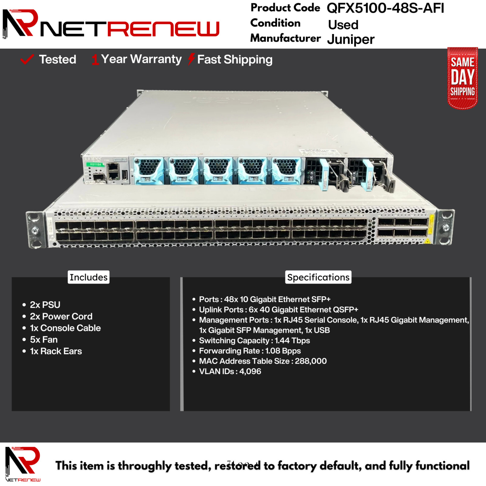 QFX5100-48S-AFI Juniper Switch 48 Port SFP+ 6x QSFP
