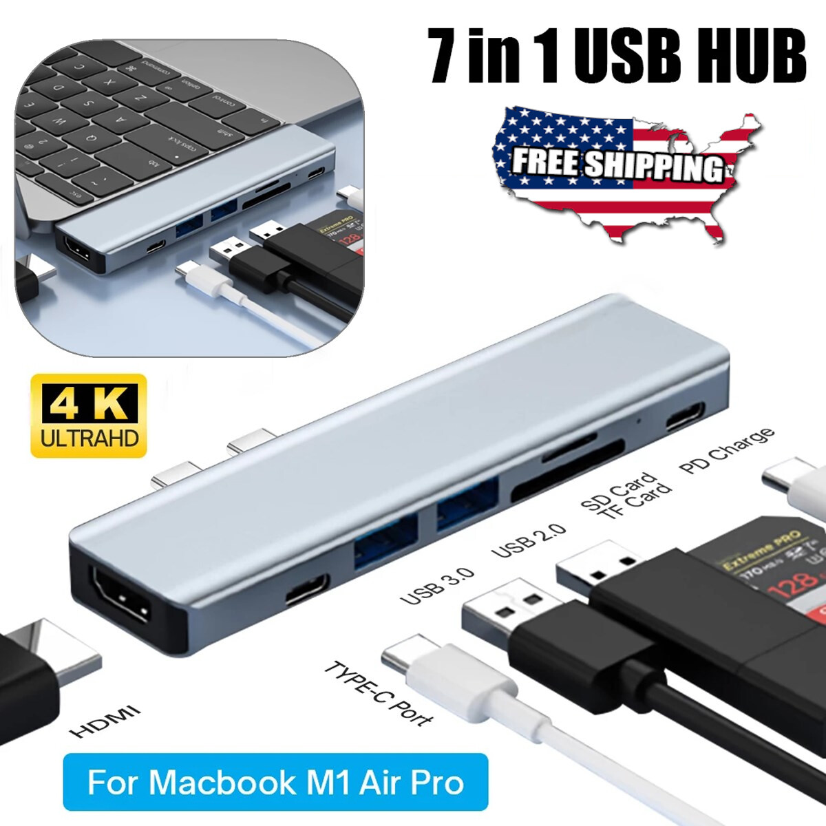 7 In 1 Multiport USB-C Hub Type C To USB 3.0 4K HDMI Adapter For MacBook Pro/Air