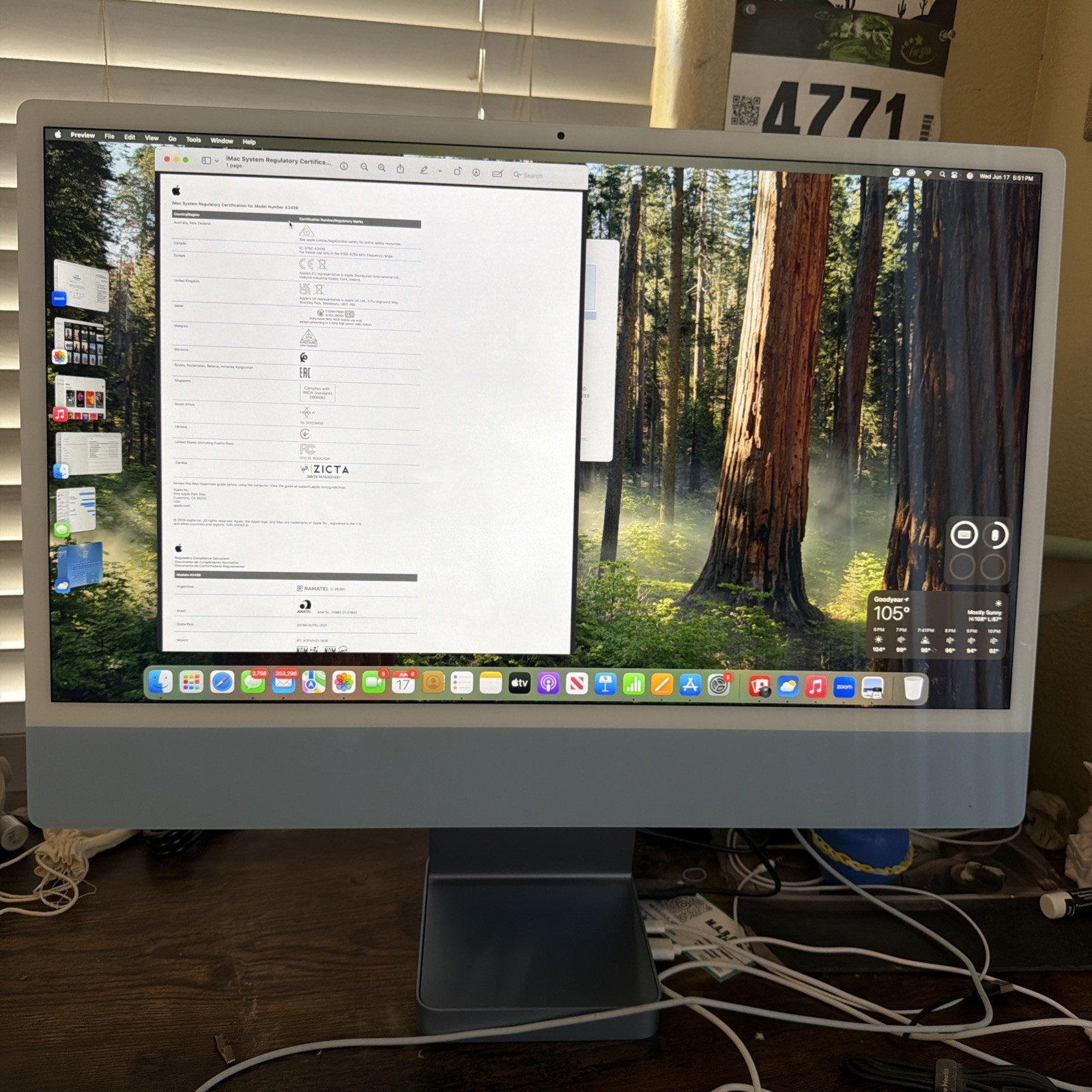 Apple A2439 M1 24″ 2021 iMac M1 3.2GHz 8GB 256GB SSD w/ KB&M & Power