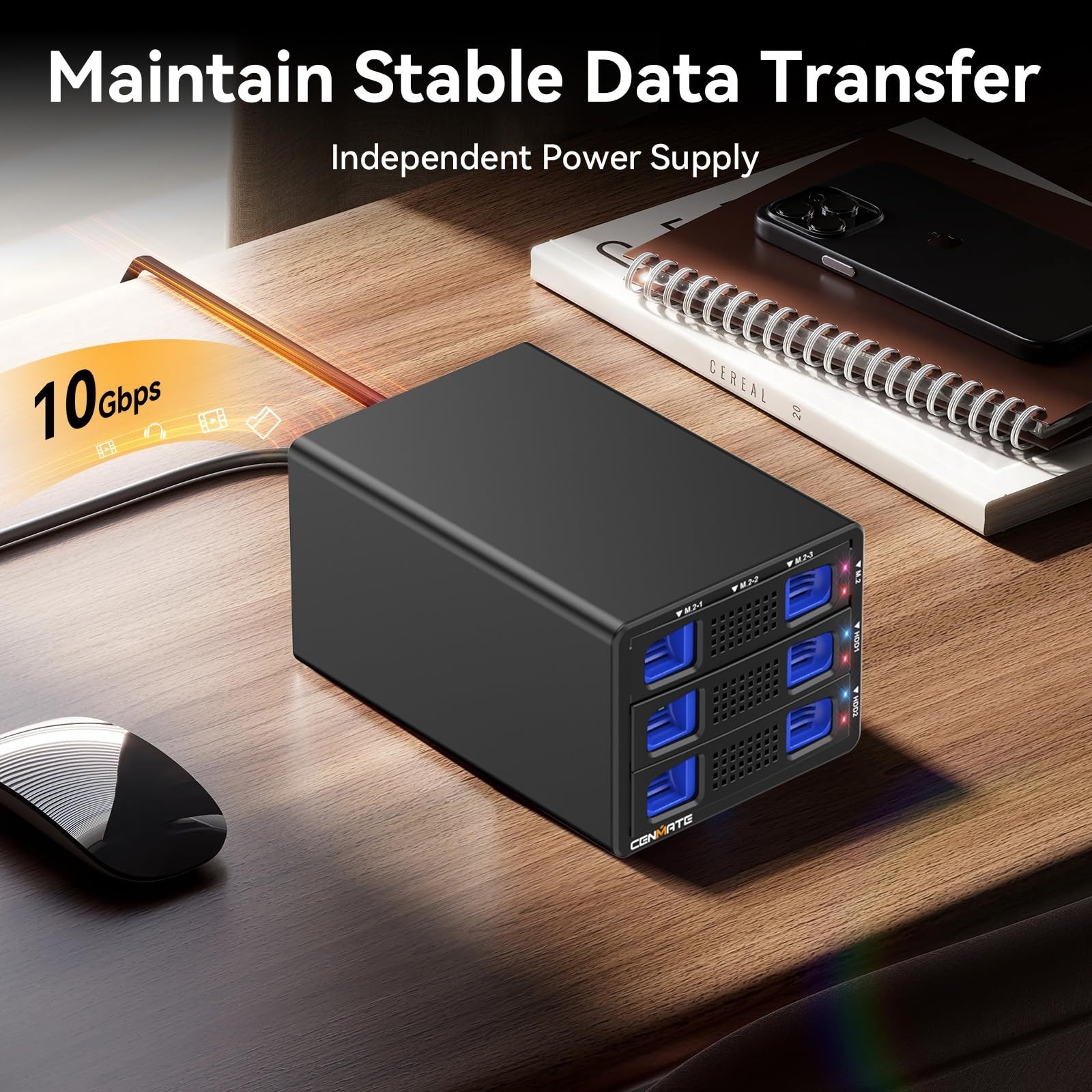 Hybrid SATA HDD/SSD Enclosure with Cooling Fan, USB 3.2 Gen 2, Supports 22TB HDD