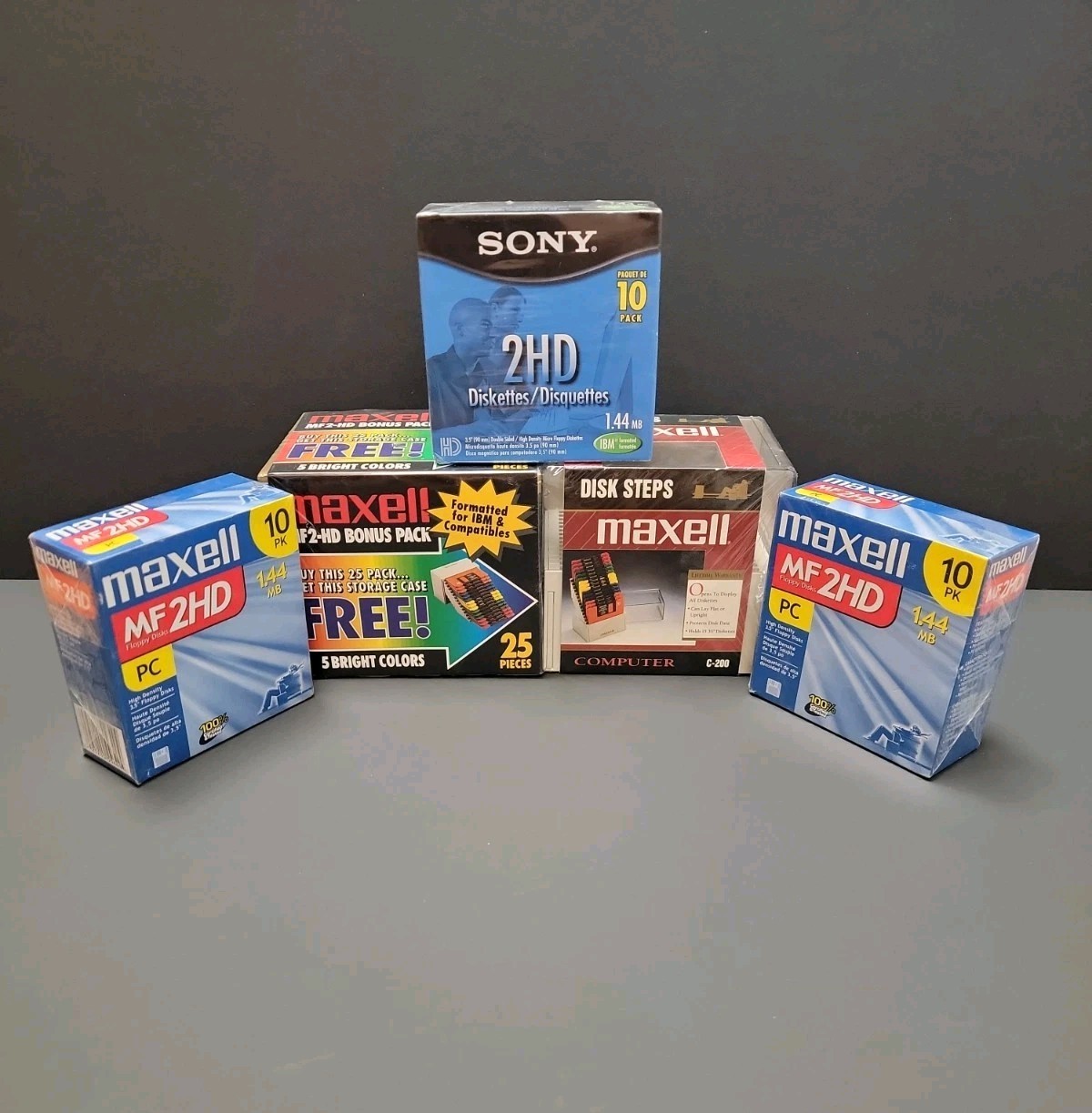 Lot of 55 Maxell & Sony NEW MF 2HD 1.44 MB 3.5 In. Floppy Disks IBM Bonus Pack