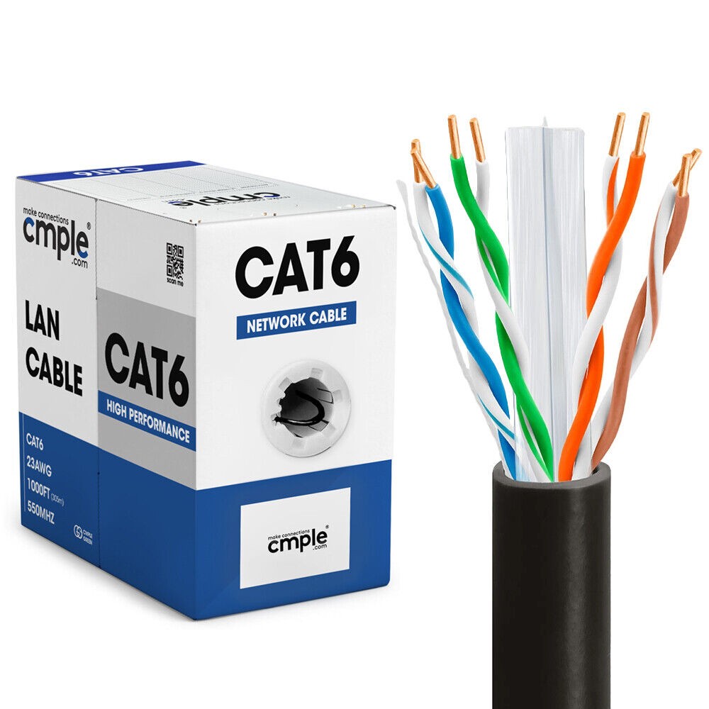 1000ft Cat6 Ethernet Cable Riser CMR Solid 23AWG UTP Easy Pull LAN Black