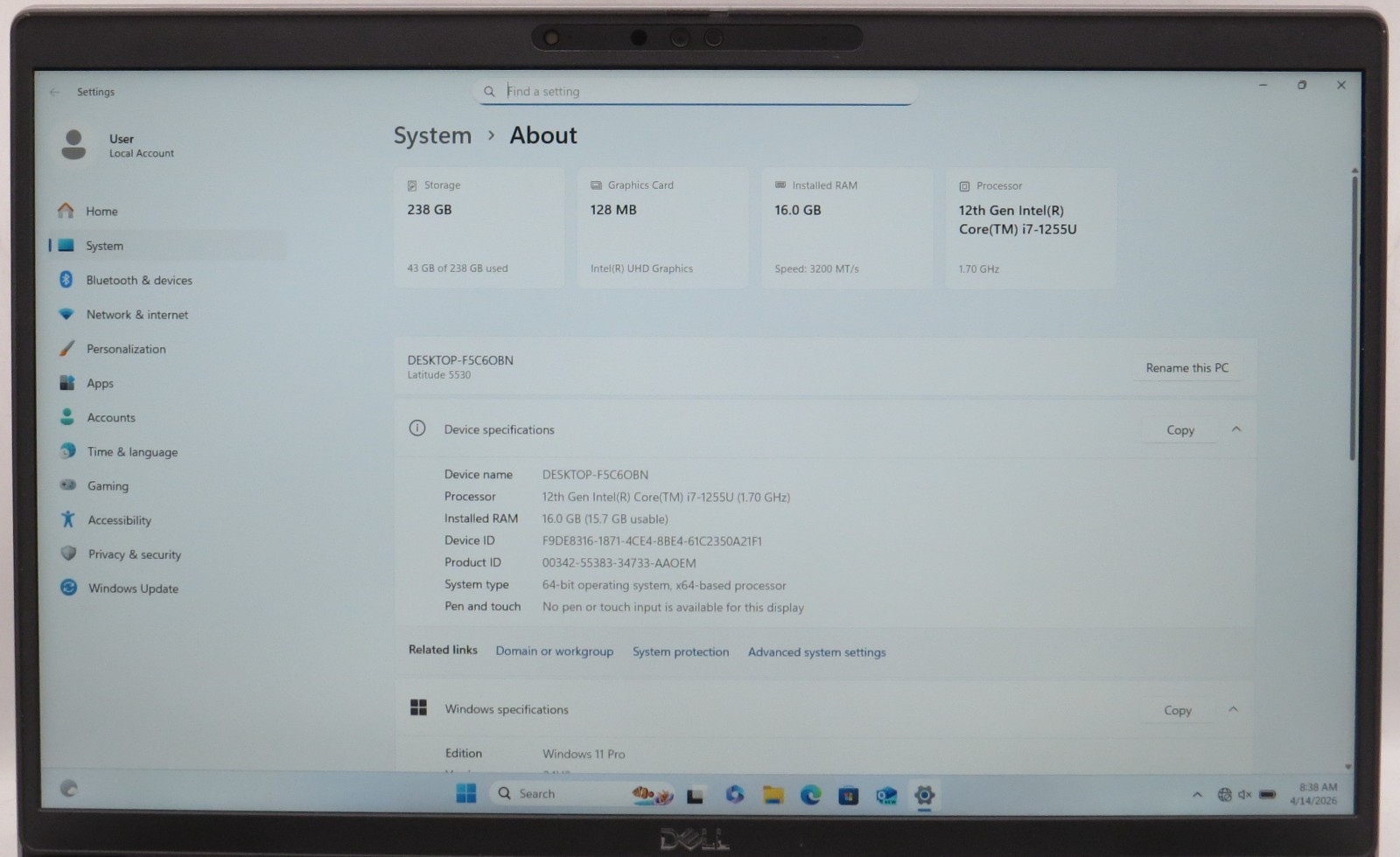 Dell Latitude 5530 i7-1255U @ 1.70GHz 16GB DDR4 256GB NVME Win11 Pro