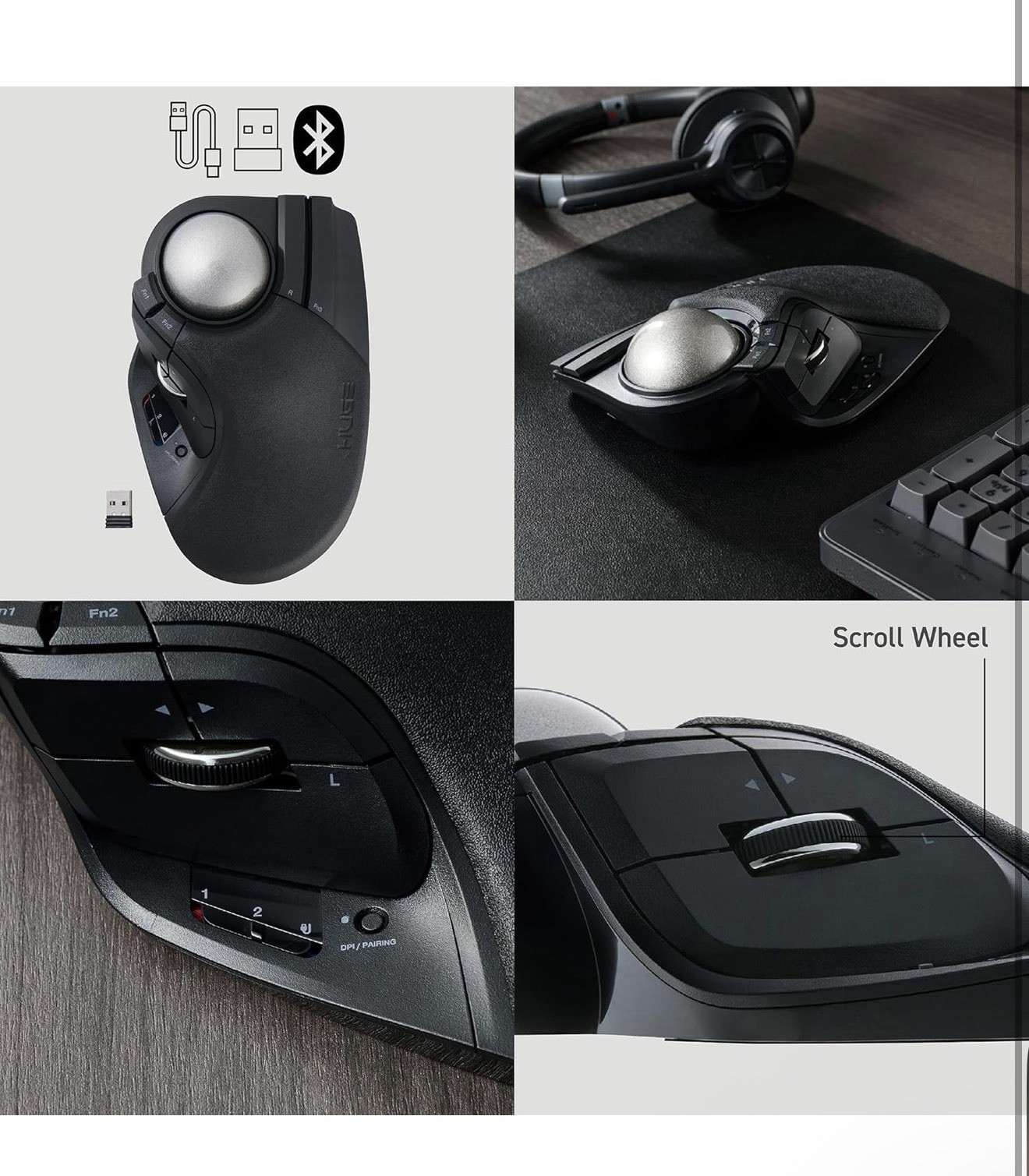 ELECOM Huge Plus Wireless Trackball Mouse, Ergonomic 52mm Large Ball, Multi-C…
