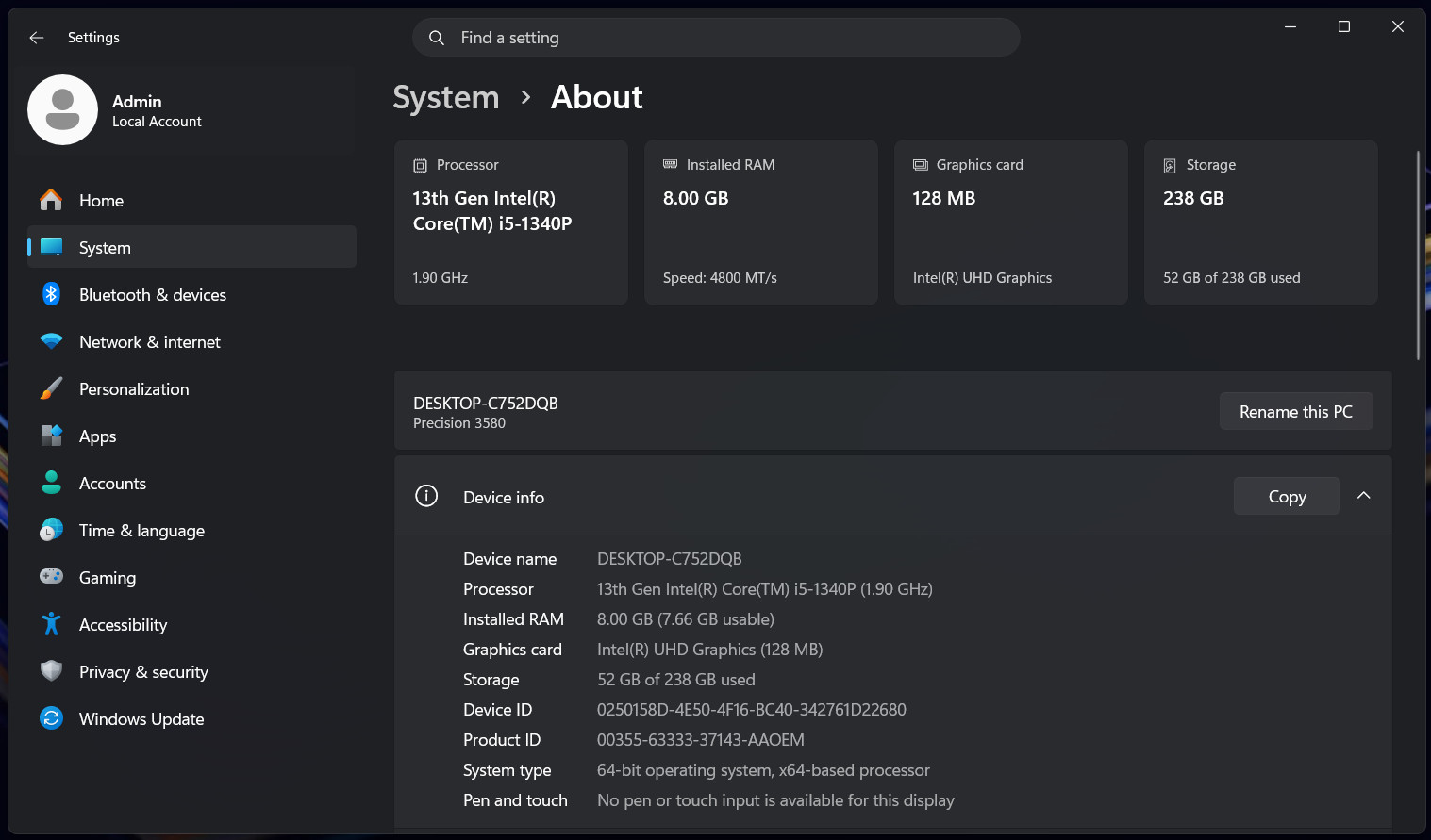 Dell Precision 3580 | CORE i5-1340P @ 1.90GHZ | 256GB SSD | 8GB RAM | W11 Pro