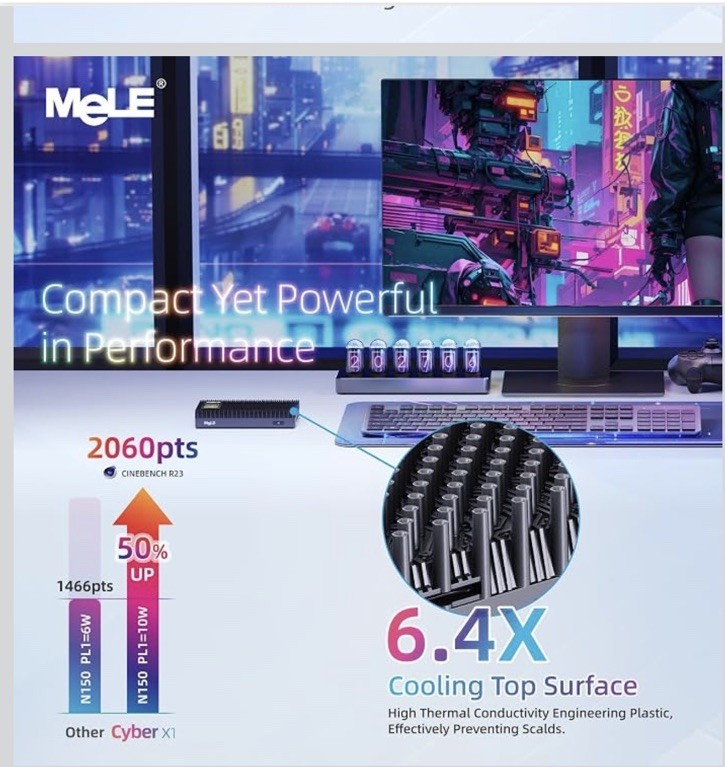 MeLE Cyber X1 Fanless Mini PC N150 (up to 3.6GHz) 16GB LPDDR5 512GB SSD
