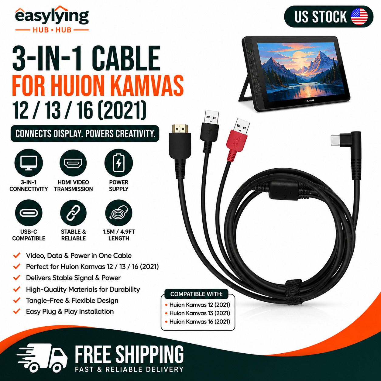 3-in-1 Cable 1.5M for Huion Kamvas 12 13 16 (2021) – Connects Display