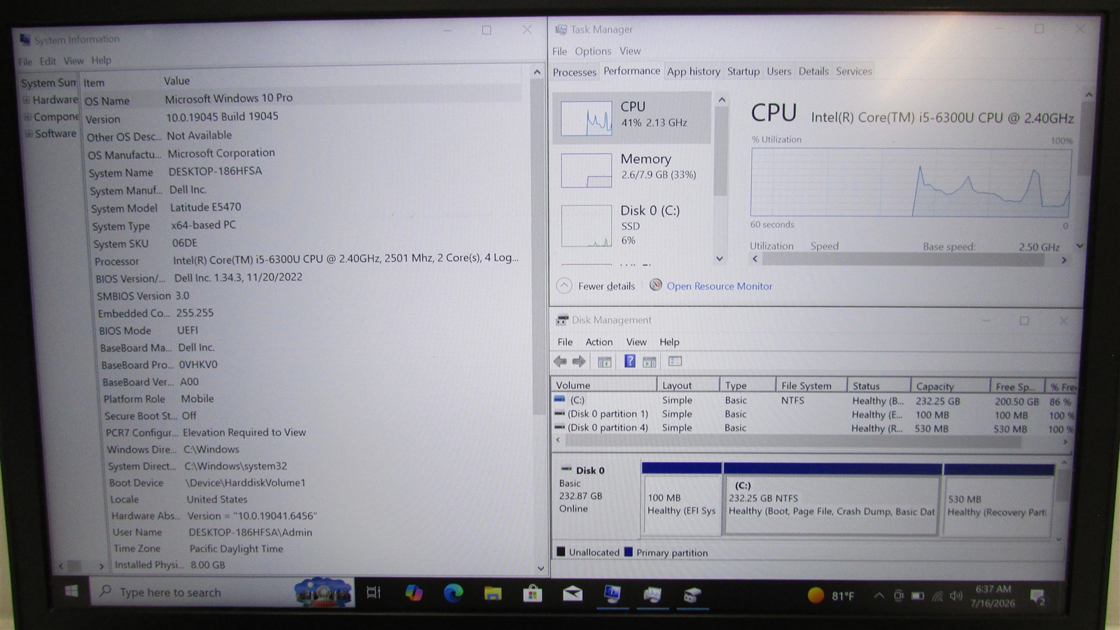 Dell Latitude E5470 i5-6300U 2.4GHz 8GB RAM 250GB SSD 14″ W10 Pro DMG/BAT PROB