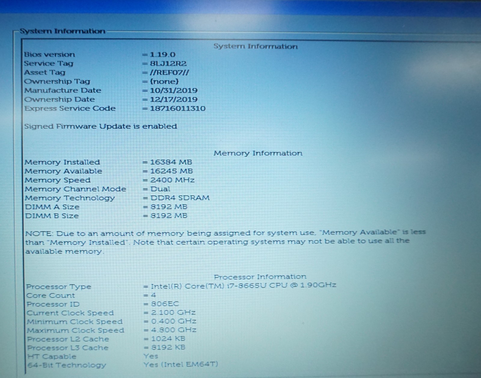Dell Latitude 5500 Intel i7-8665U @1.90GHz 16GB RAM NO HD/ NO OS