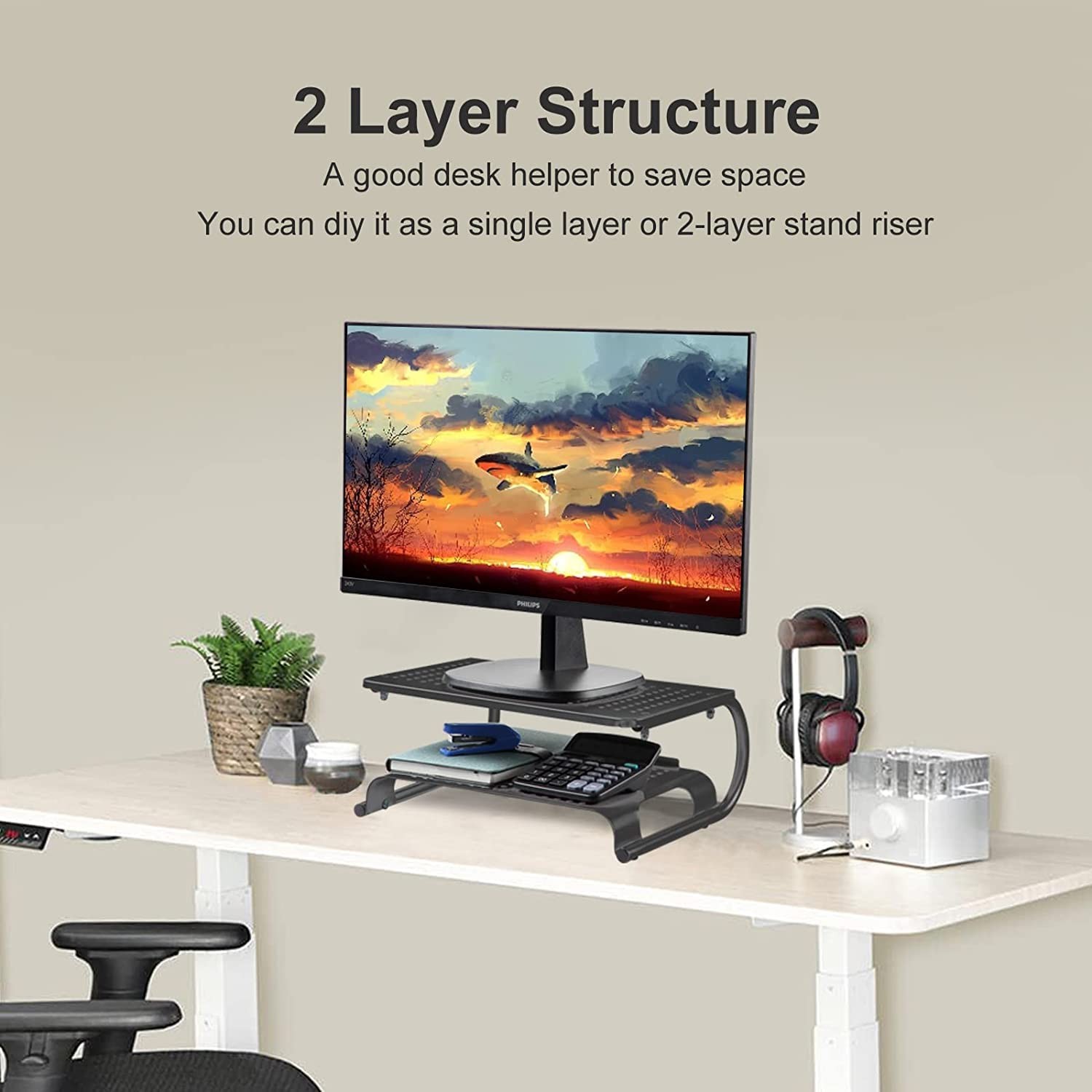Double Deck Vented Metal Platform Computer Monitor Stand Riser Storage 4 In